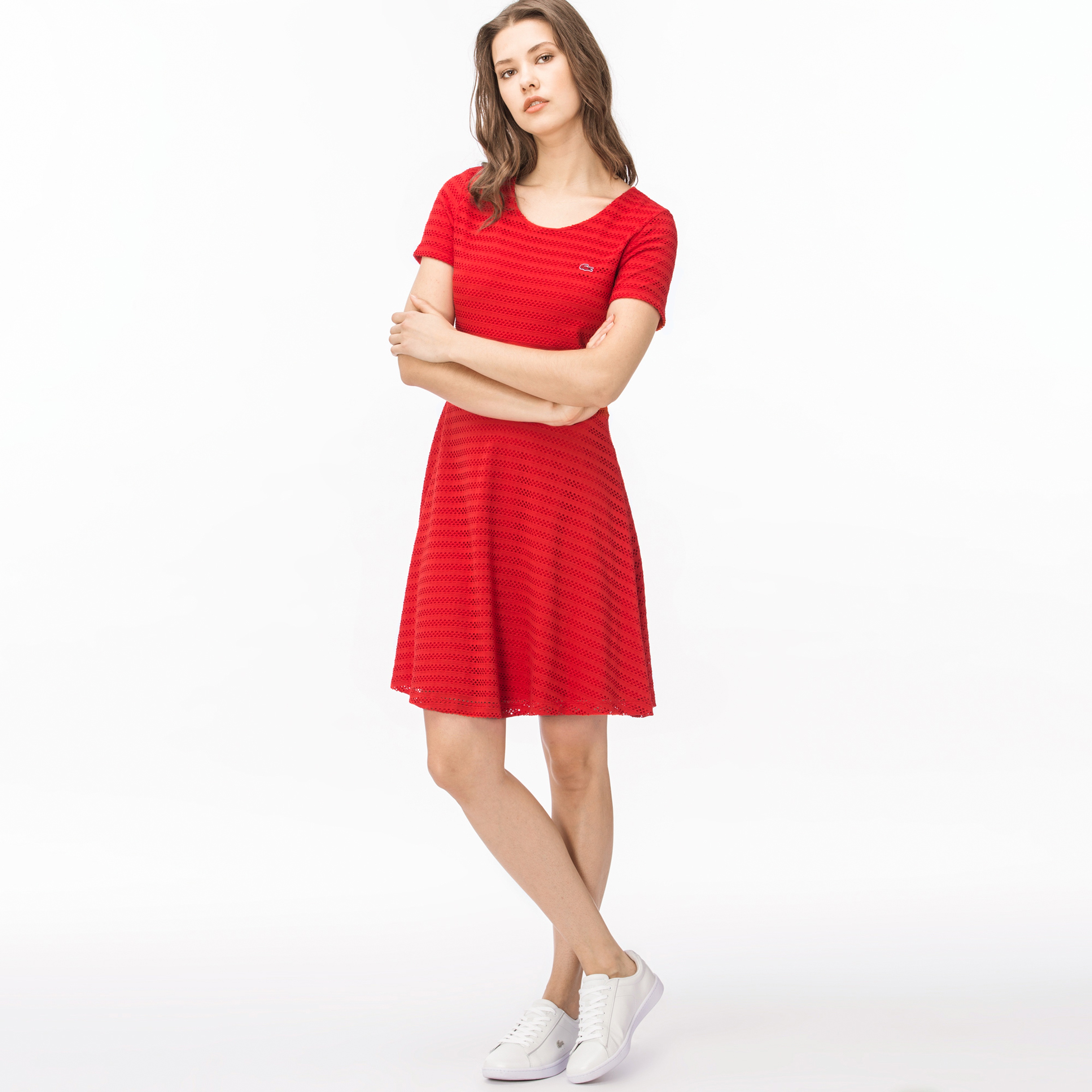 Lacoste Kadın Çizgili Kırmızı Elbise