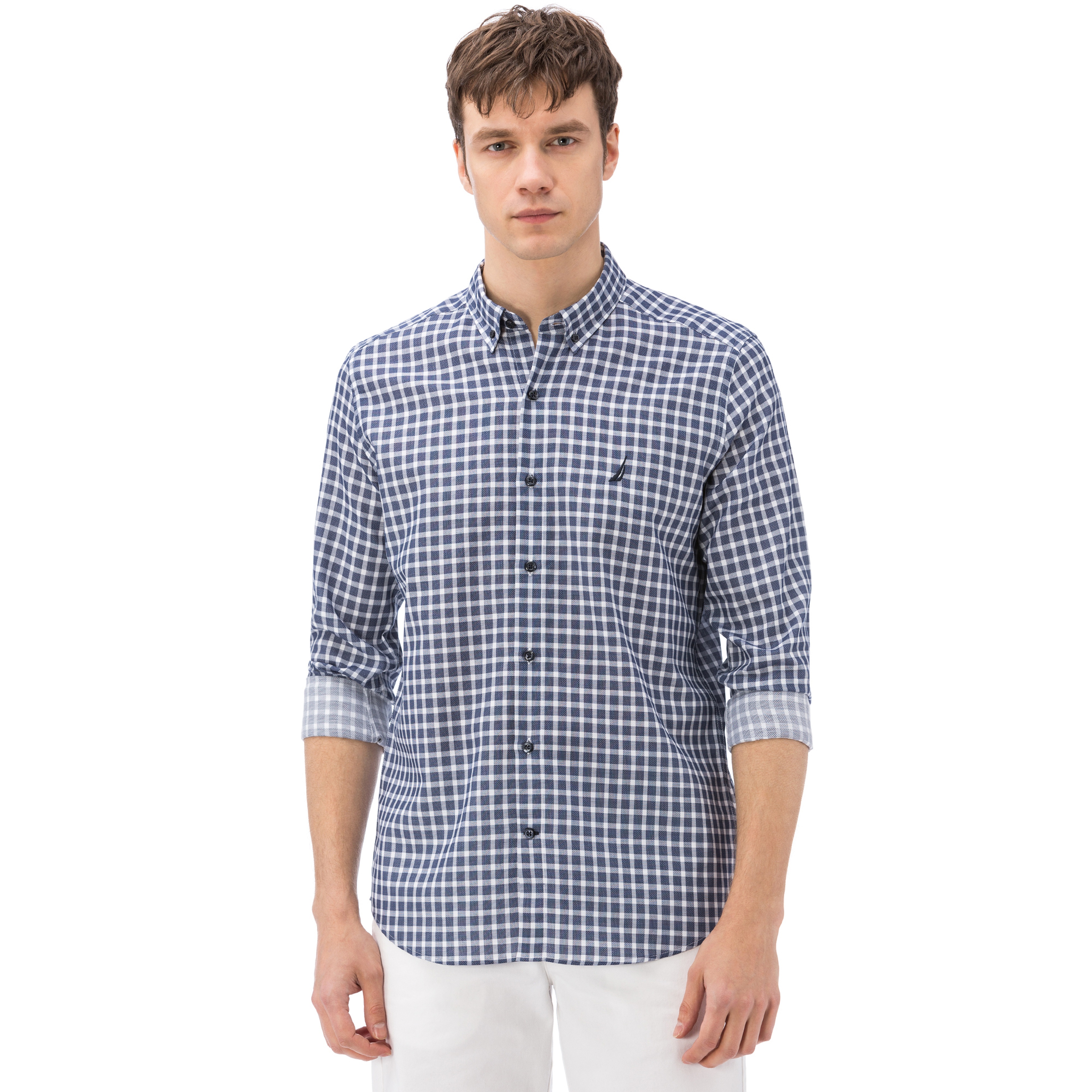 Nautica Erkek Lacivert Ekoseli Uzun Kollu Slim Fit Gömlek