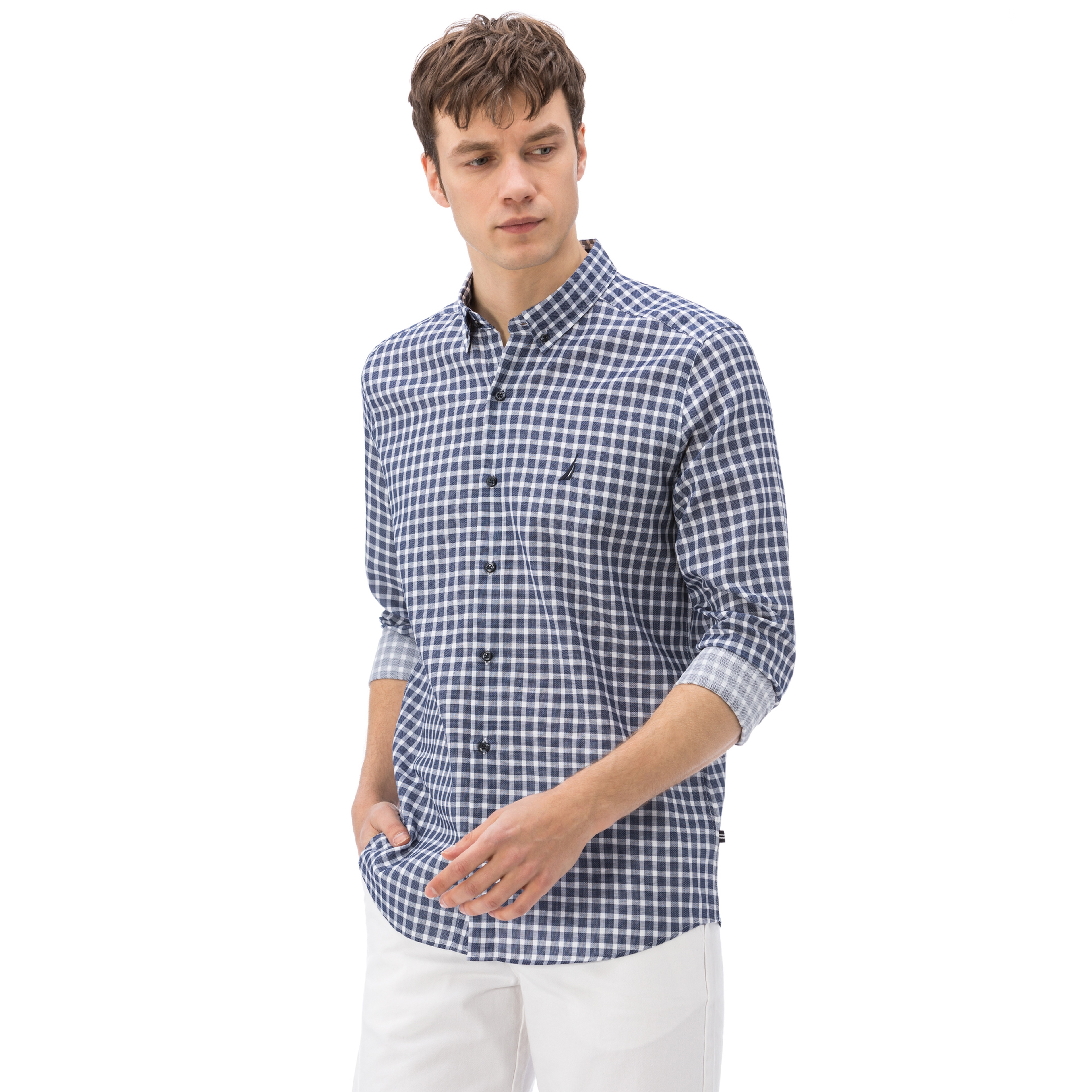 Nautica Erkek Lacivert Ekoseli Uzun Kollu Slim Fit Gömlek