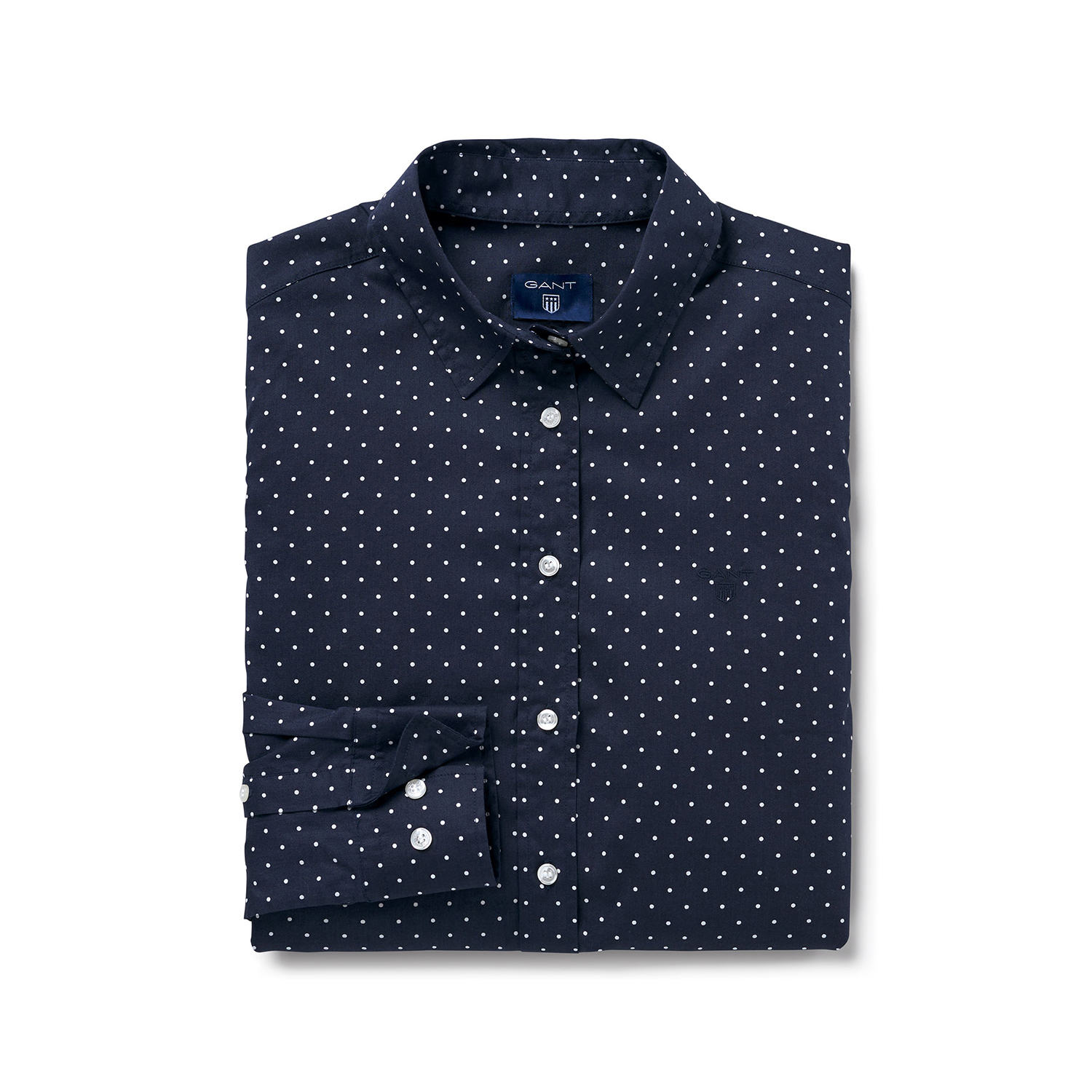 Kadın Lacivert Puantiyeli Polkadot Stretch Broadcloth Gomlek