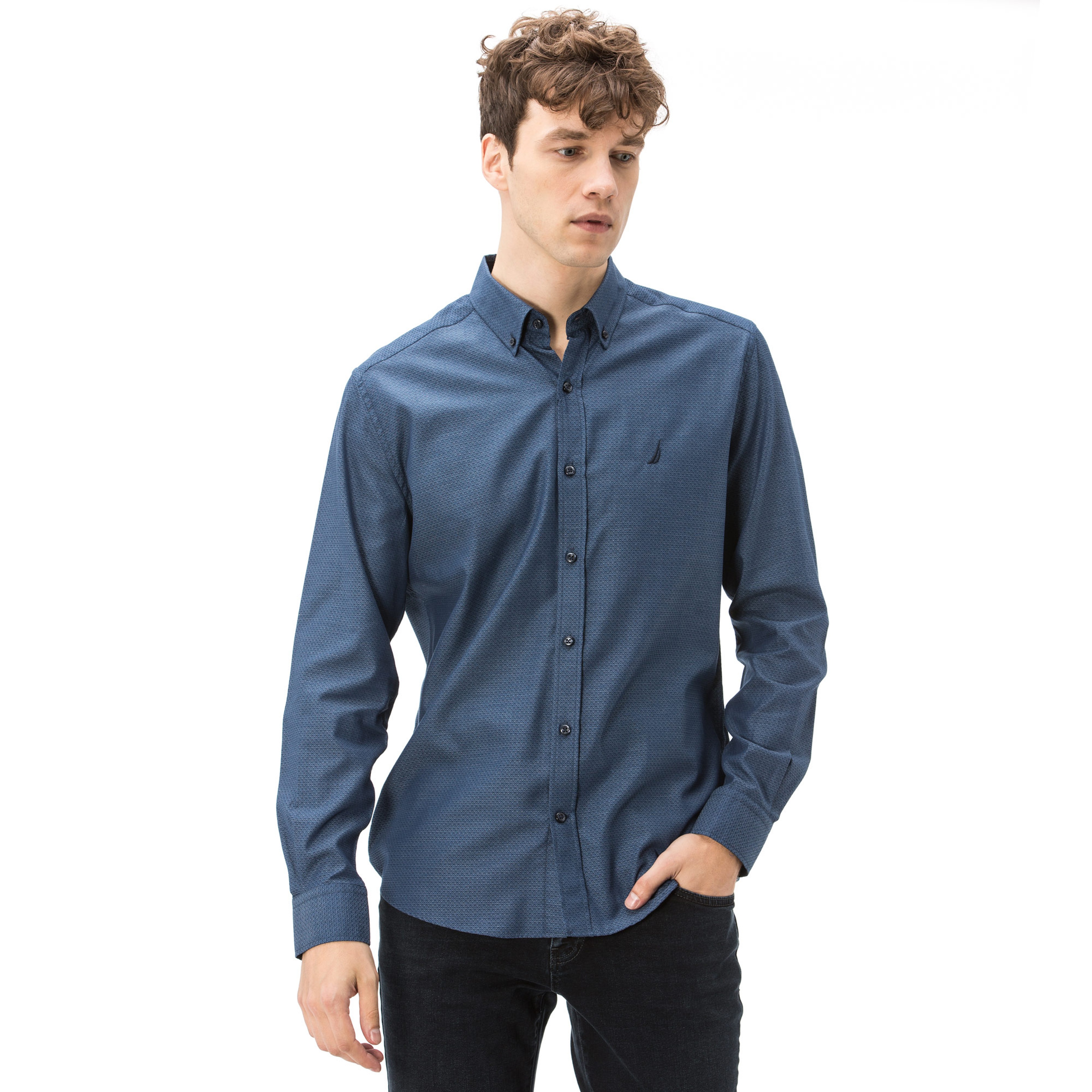 Nautica Erkek Slim Fit Armürlü Düz Lacivert Gömlek