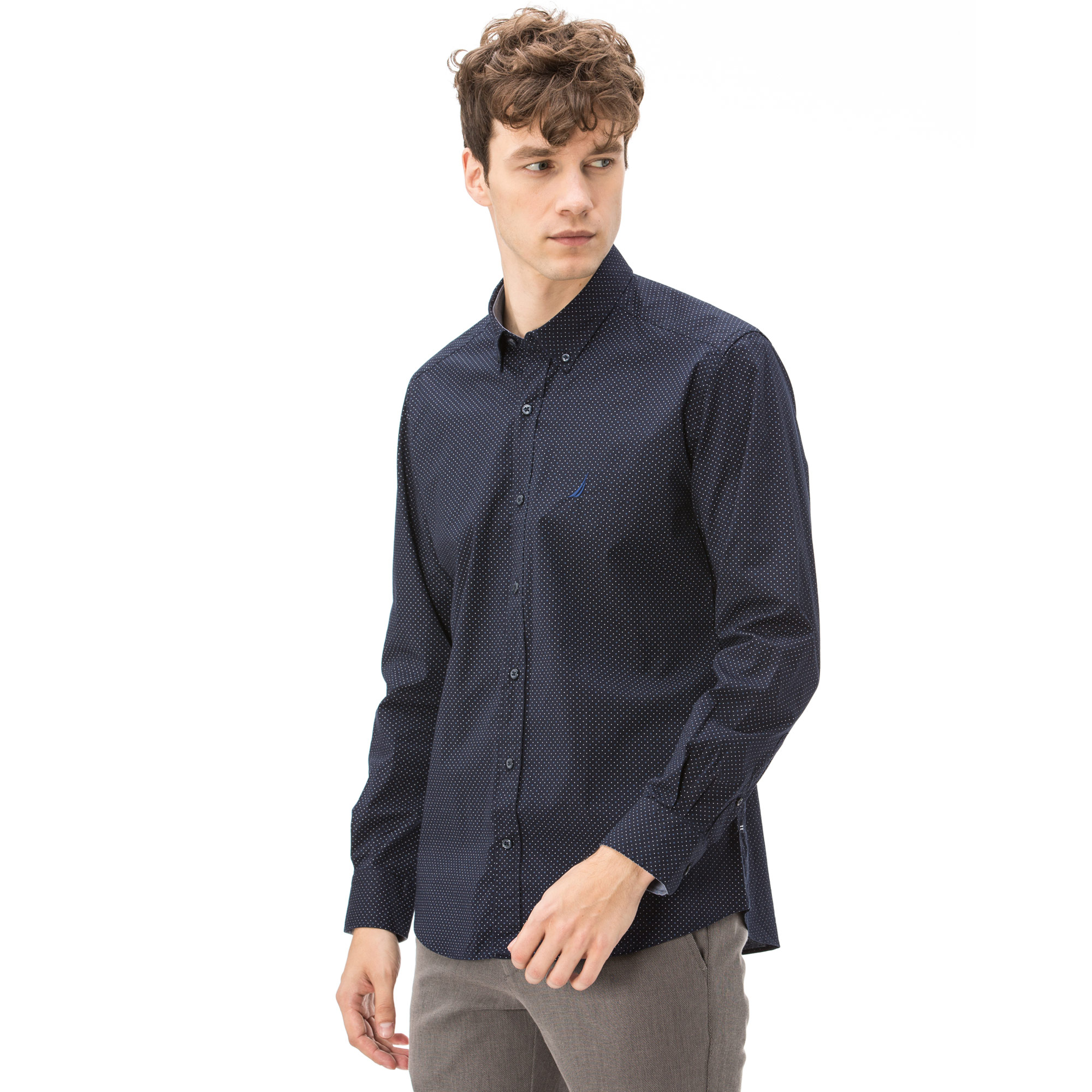 NAUTICA ERKEK SLIM FIT BASKILI LACİVERT GÖMLEK