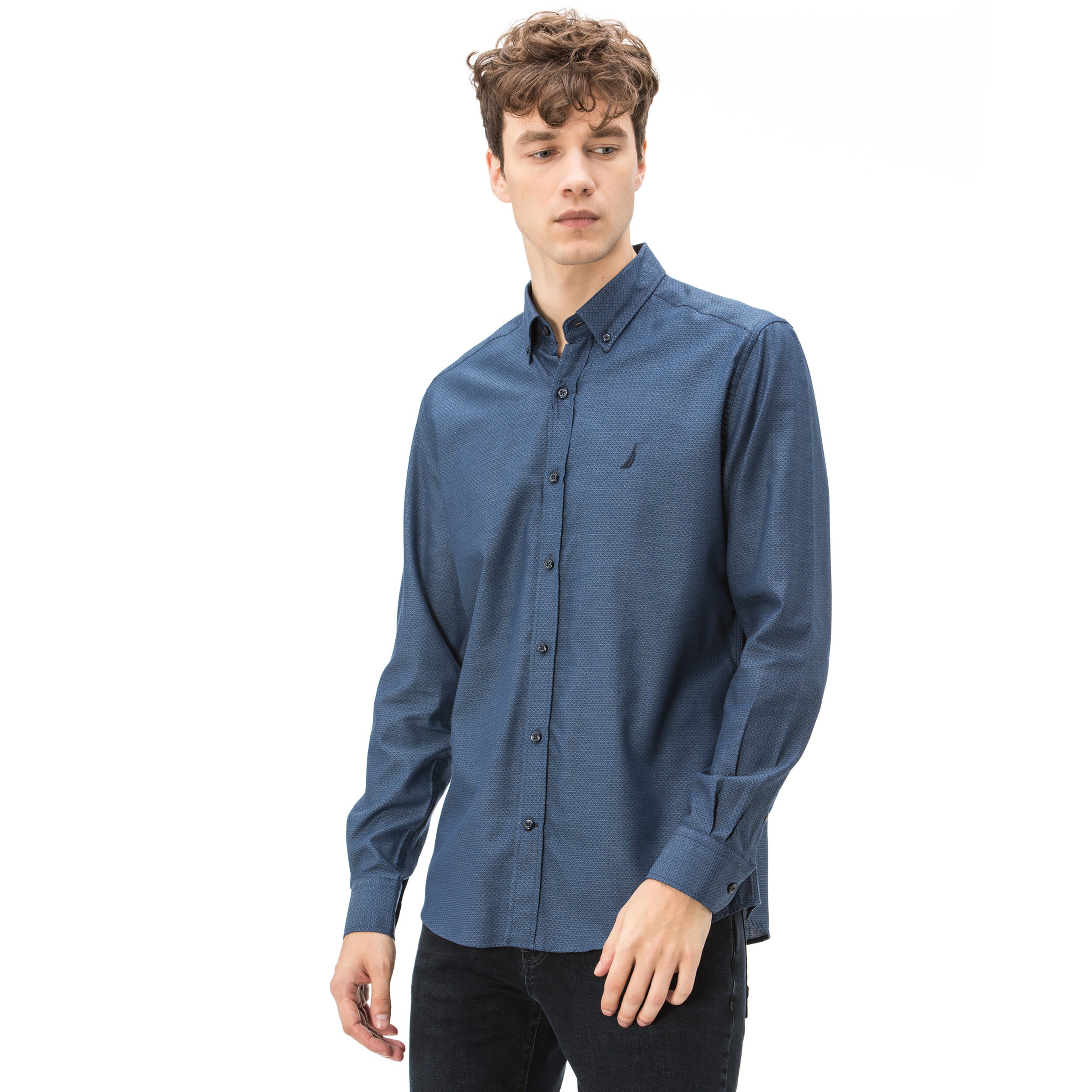 Nautica Erkek Slim Fit Armürlü Düz Lacivert Gömlek
