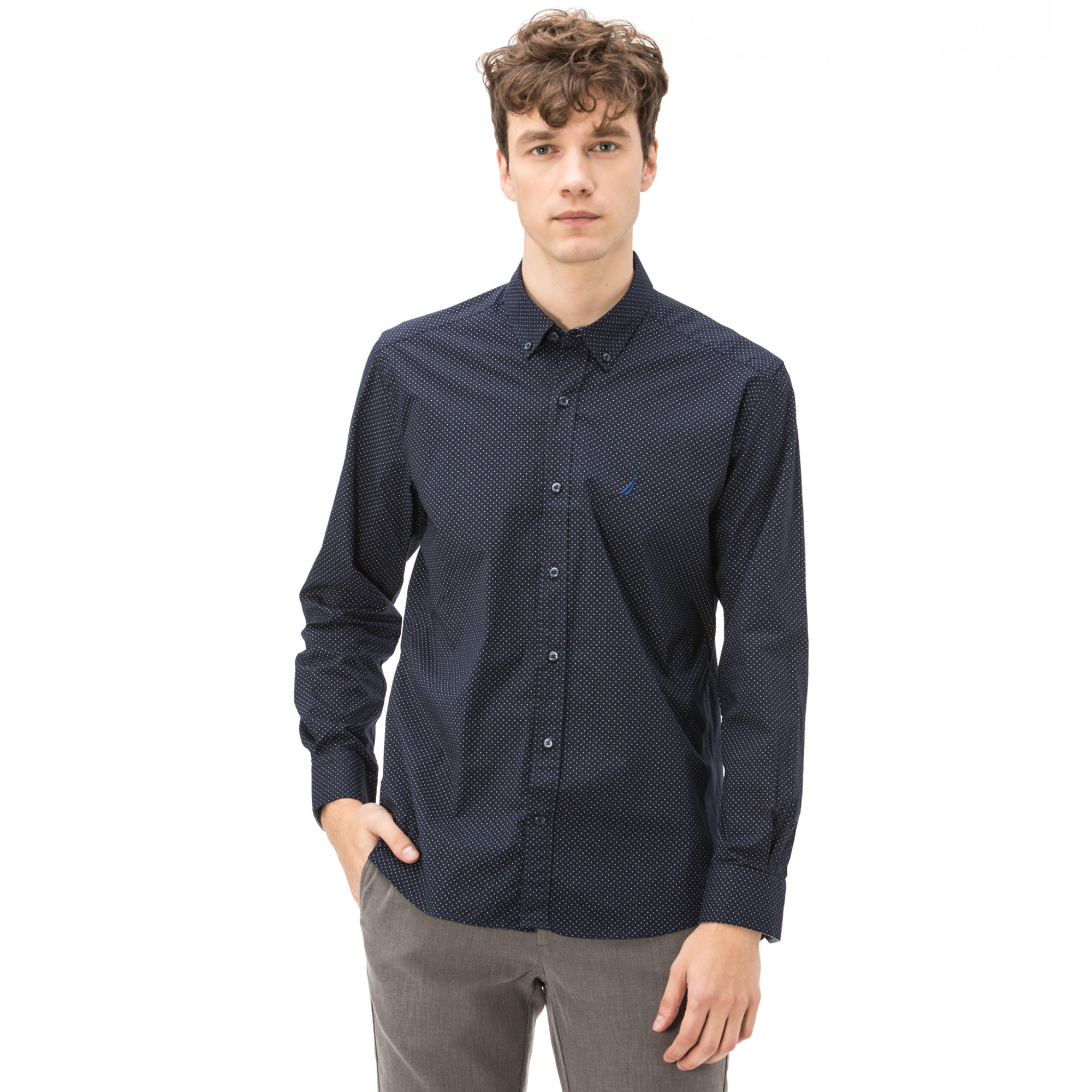 NAUTICA ERKEK SLIM FIT BASKILI LACİVERT GÖMLEK