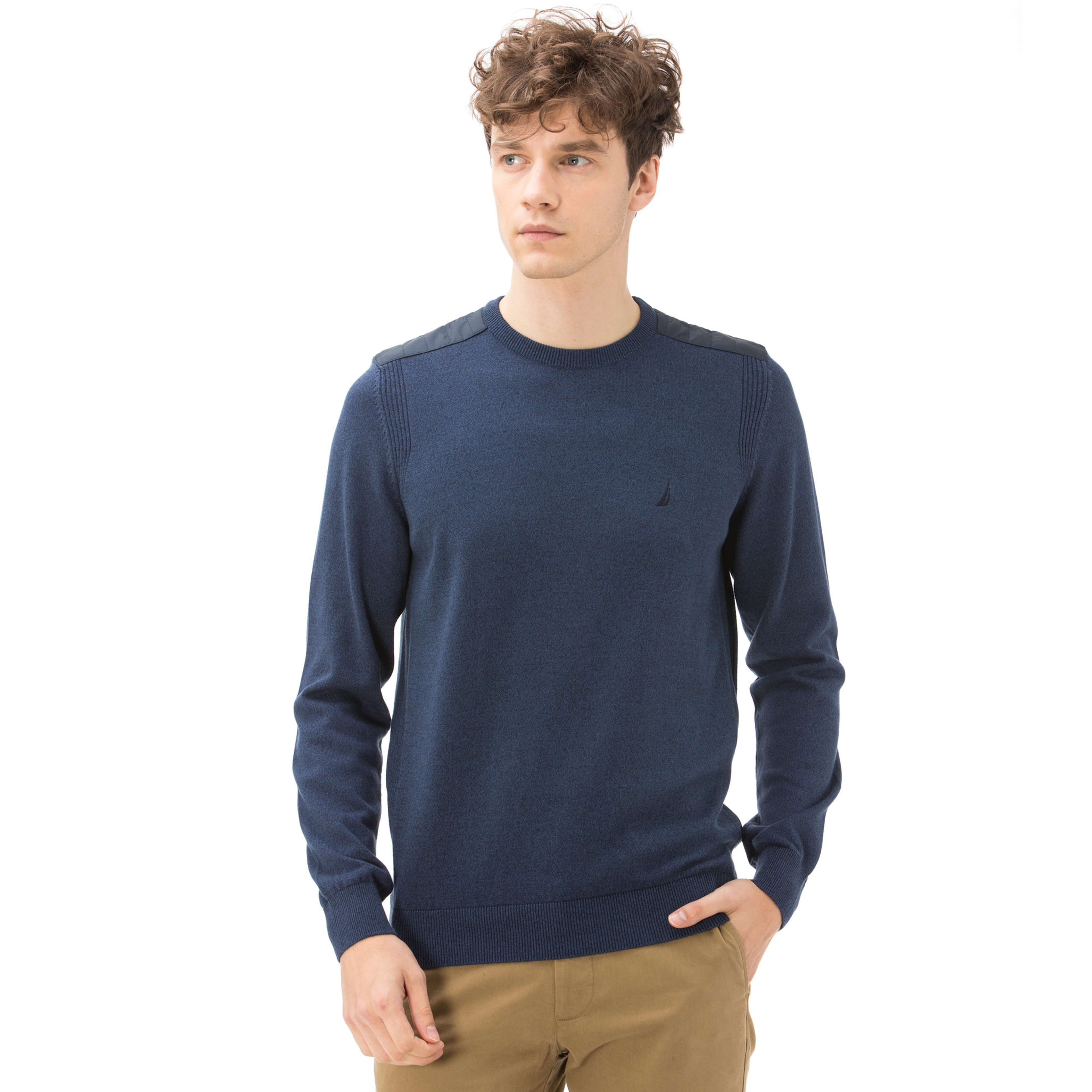 Nautica Erkek Klasik Fit Bisiklet Yaka Mavi Triko