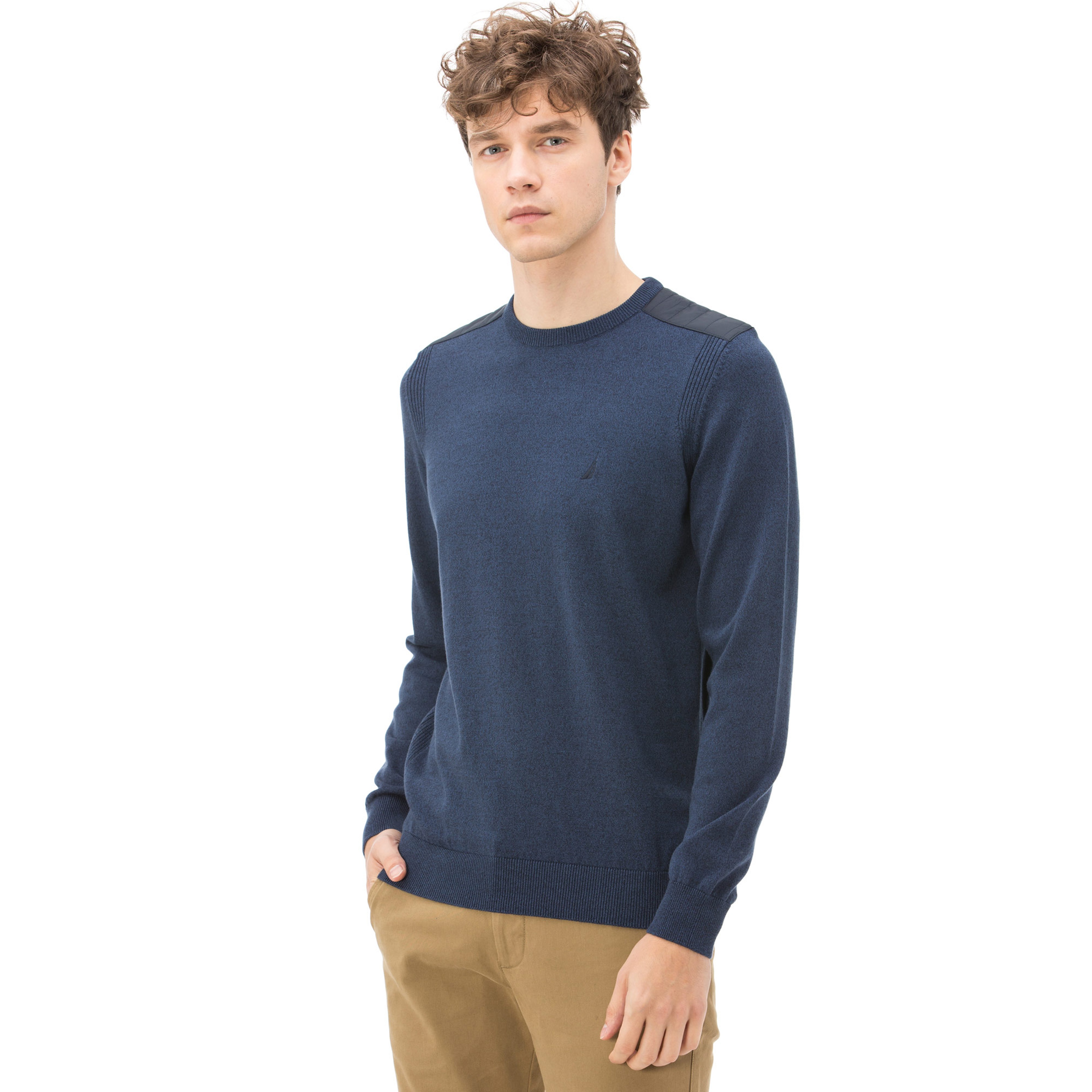 Nautica Erkek Klasik Fit Bisiklet Yaka Mavi Triko