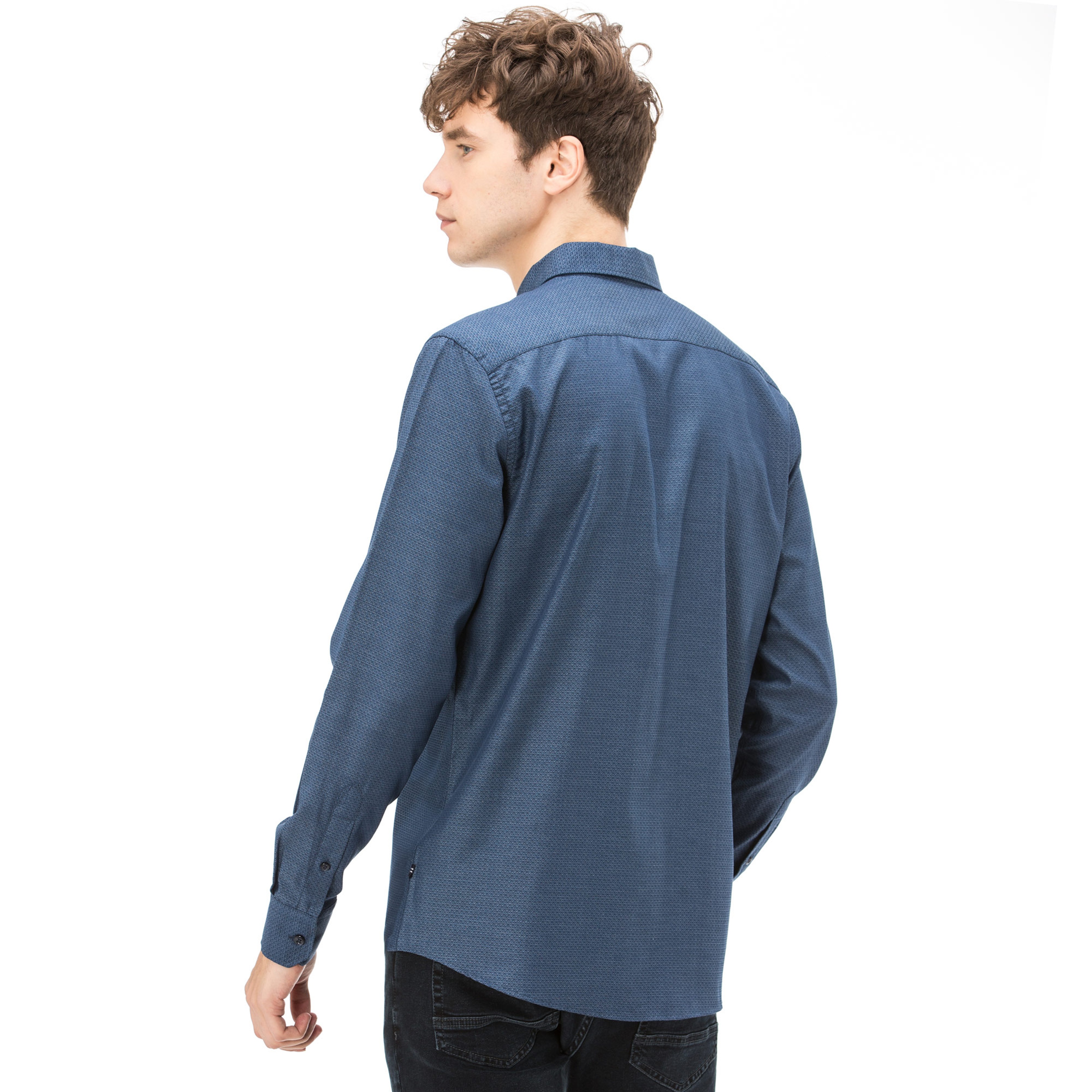 Nautica Erkek Slim Fit Armürlü Düz Lacivert Gömlek