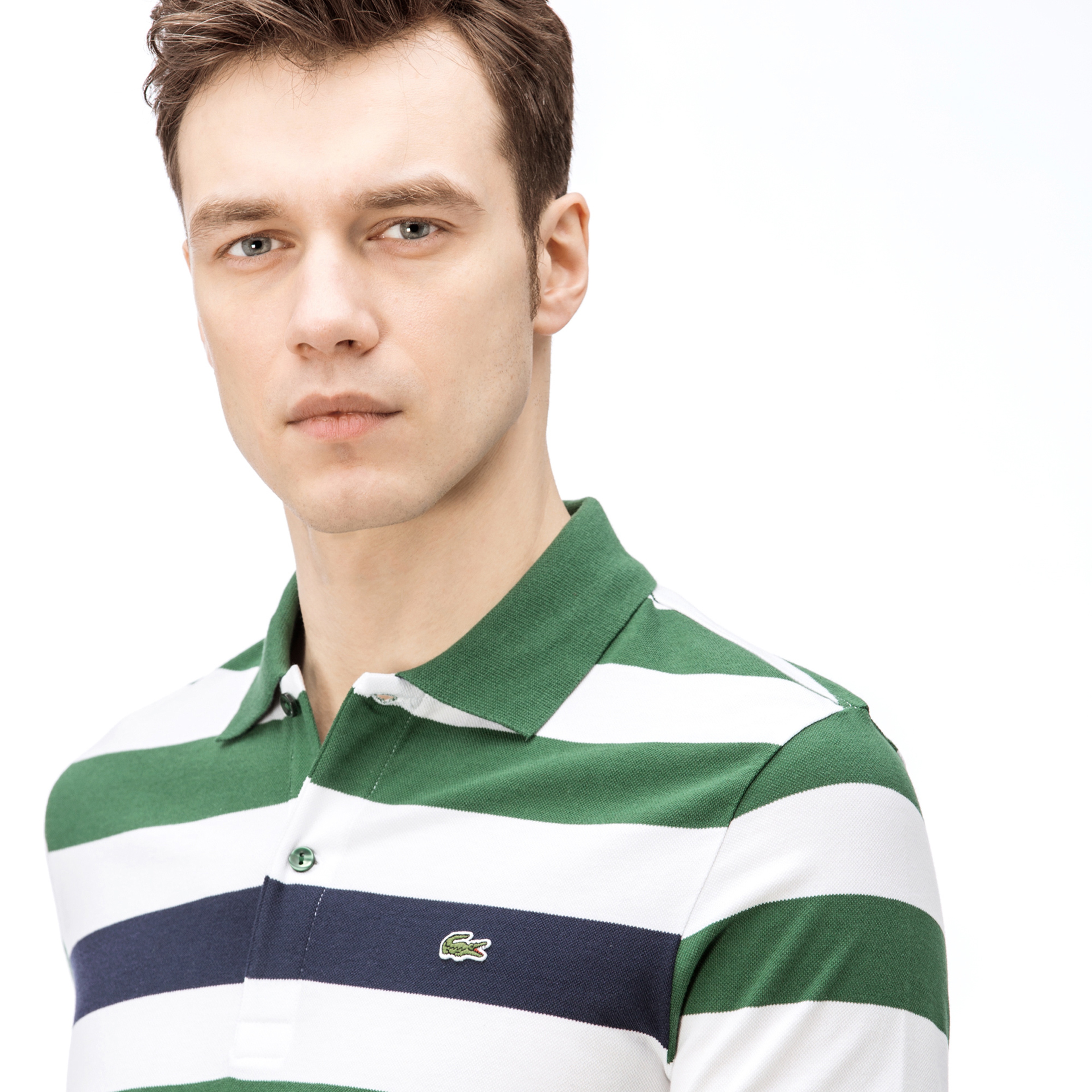 Lacoste Erkek Slim Fit Blok Desenli Yeşil-Beyaz Polo
