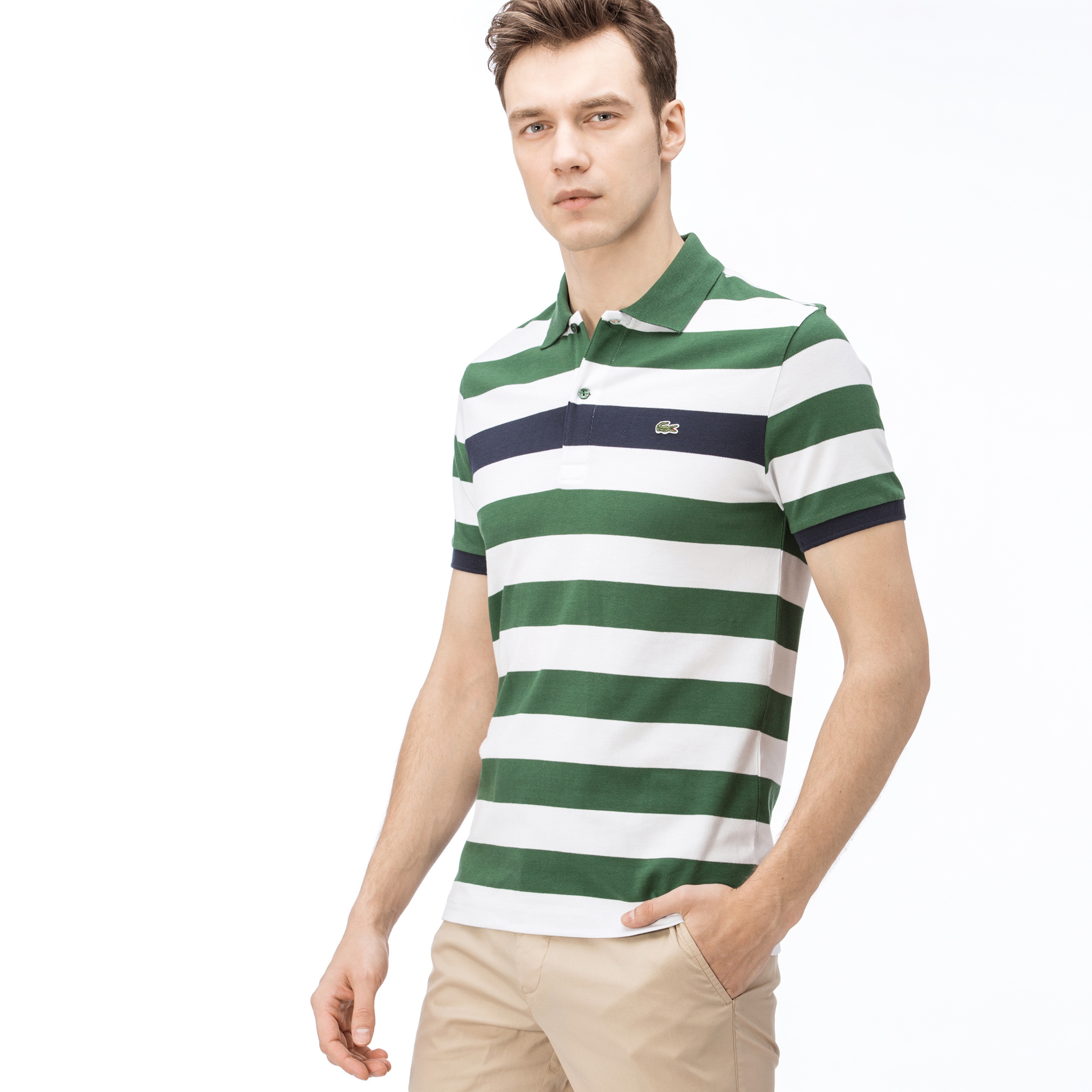 Lacoste Erkek Slim Fit Blok Desenli Yeşil-Beyaz Polo