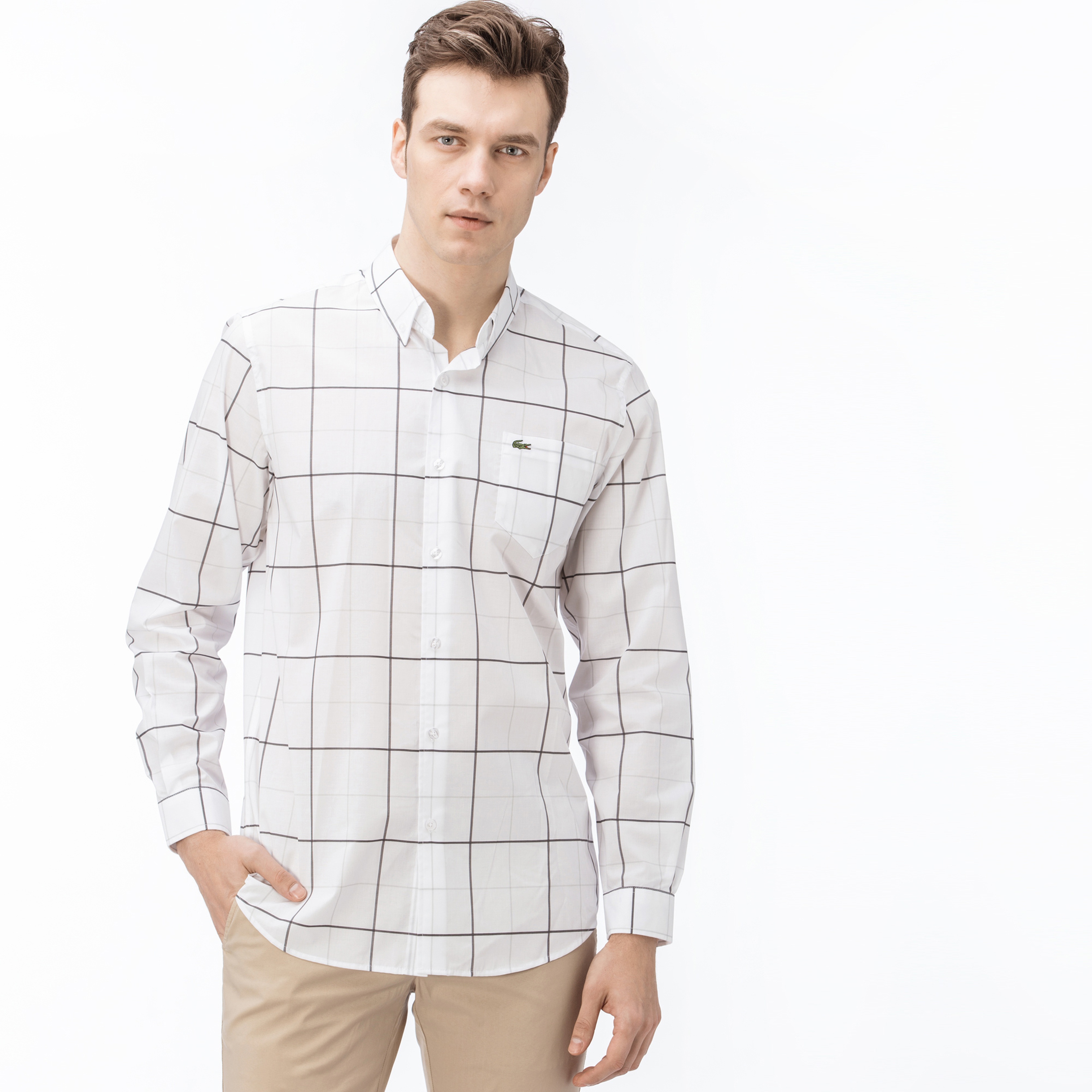 Lacoste Erkek Regular Fit Beyaz Gri Çizgili Gömlek