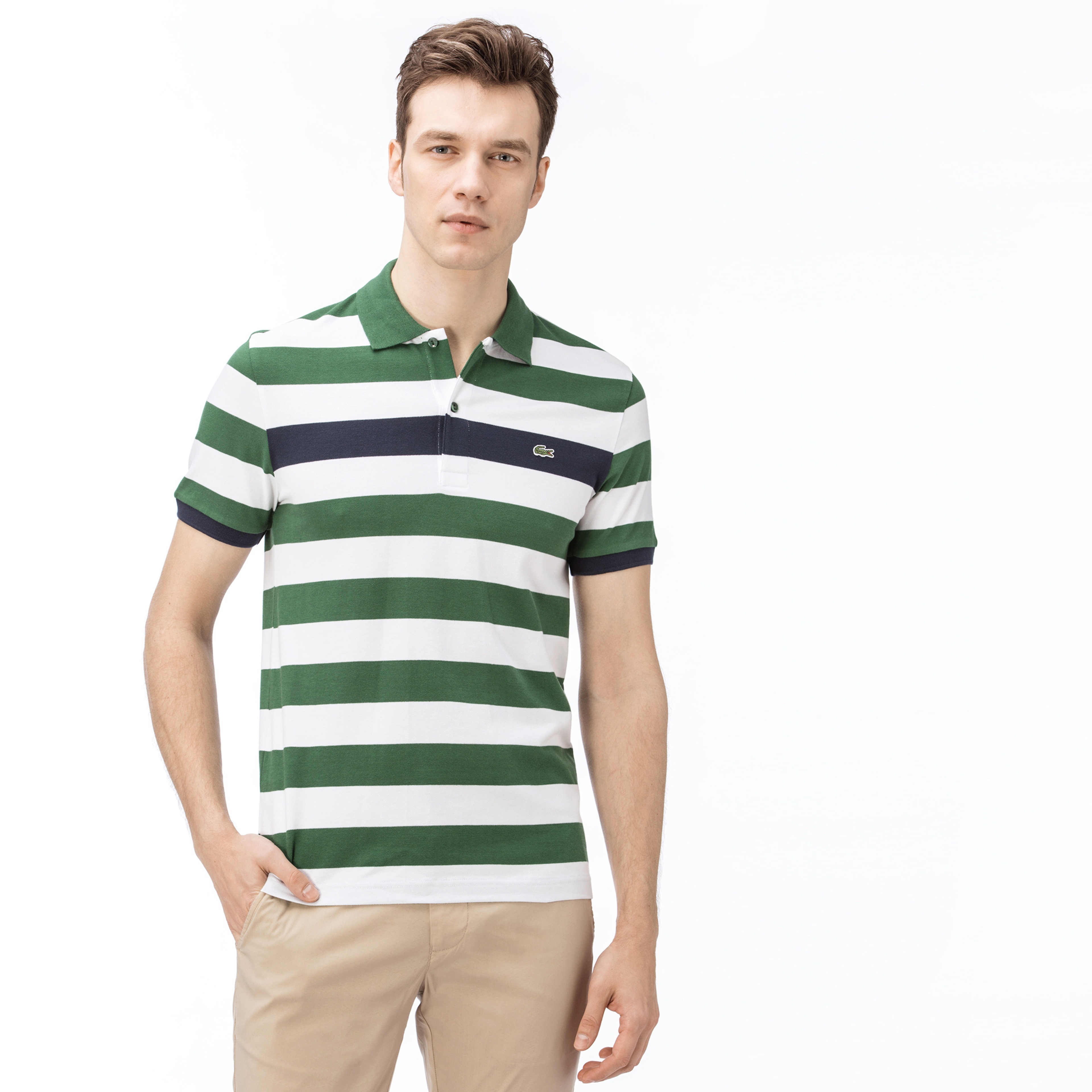 Lacoste Erkek Slim Fit Blok Desenli Yeşil-Beyaz Polo
