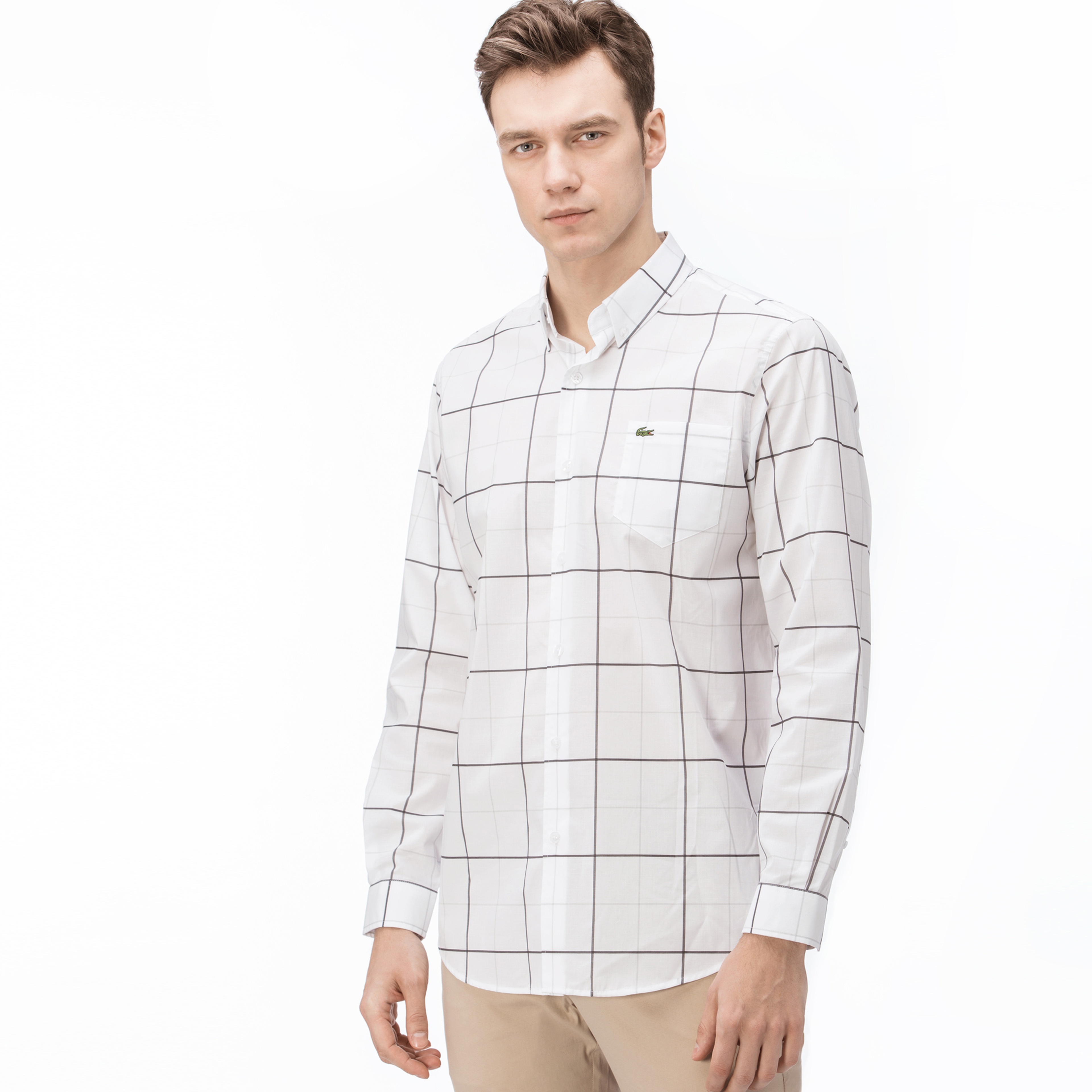 Lacoste Erkek Regular Fit Beyaz Gri Çizgili Gömlek