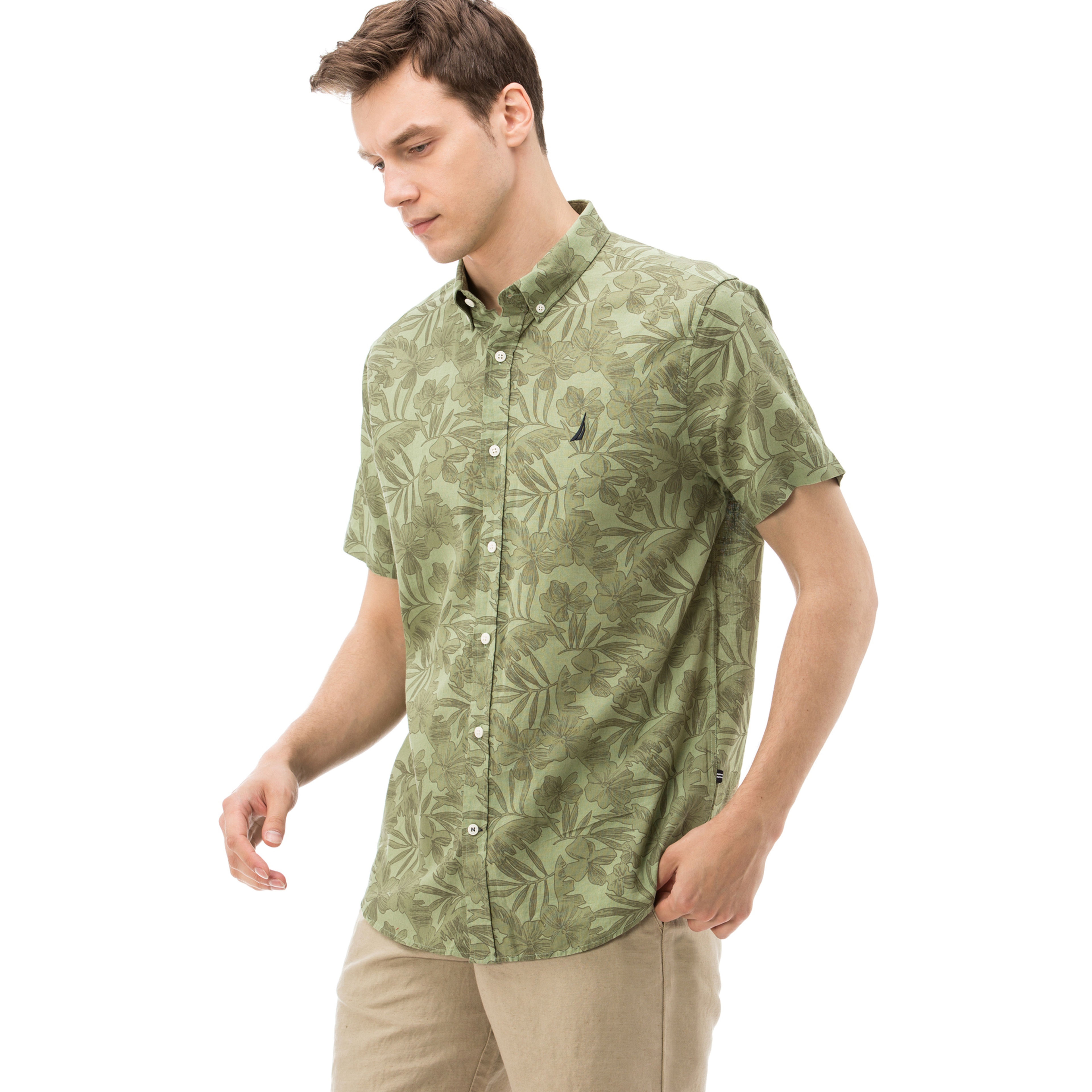 Nautica Erkek Yeşil Kısa Kollu Keten Gömlek