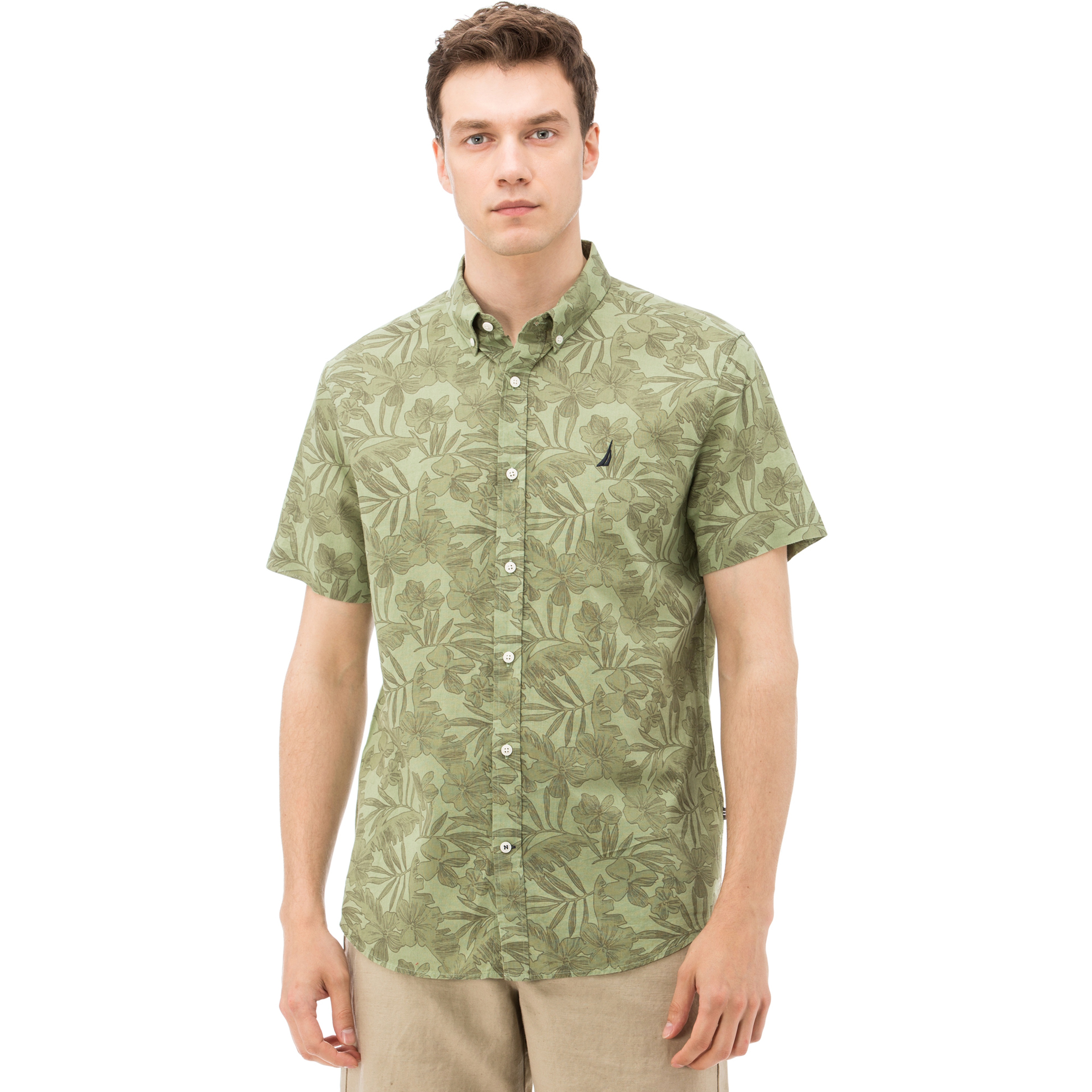 Nautica Erkek Yeşil Kısa Kollu Keten Gömlek