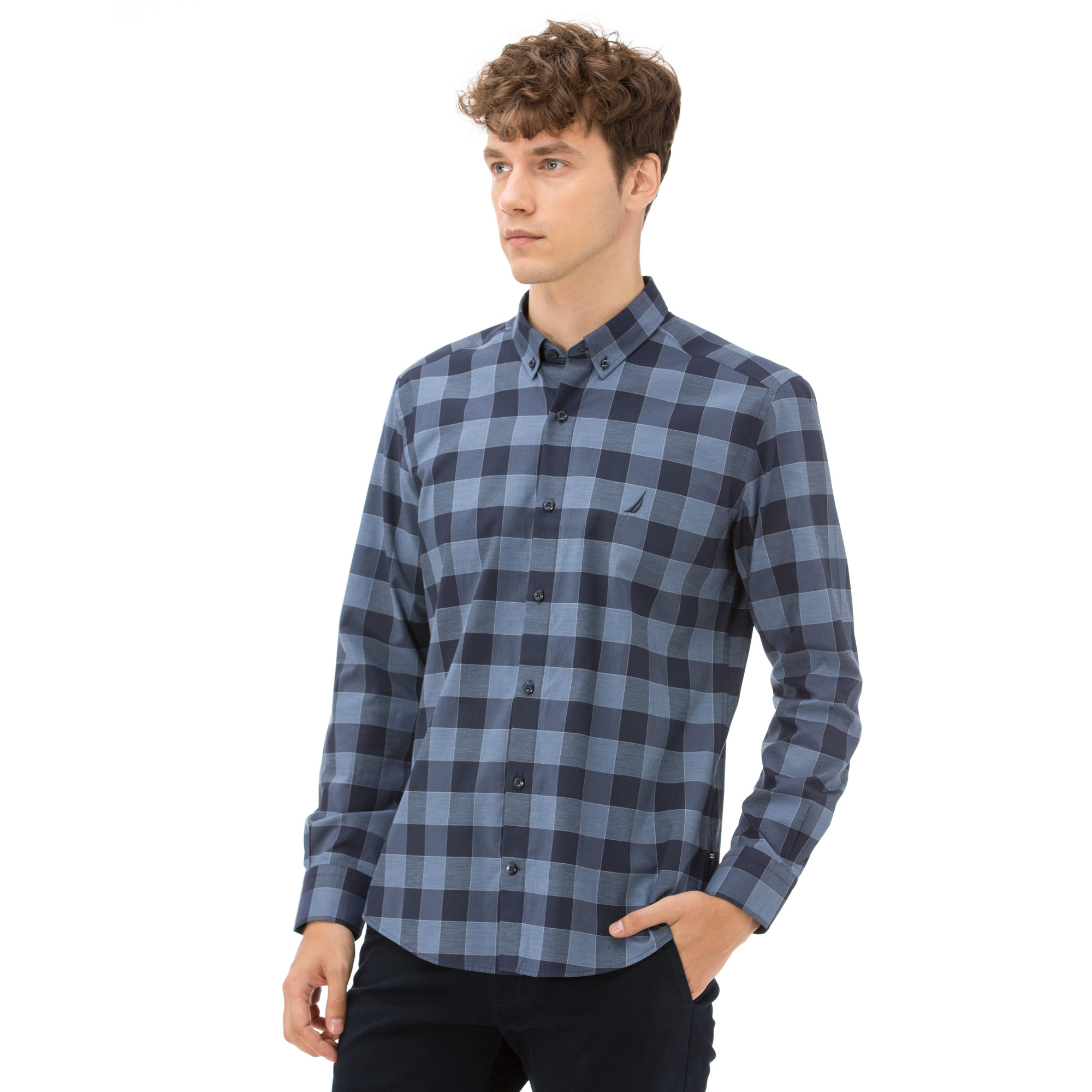 Nautica Erkek Slim Fit Kırışmayan Mavi Ekoseli Gömlek
