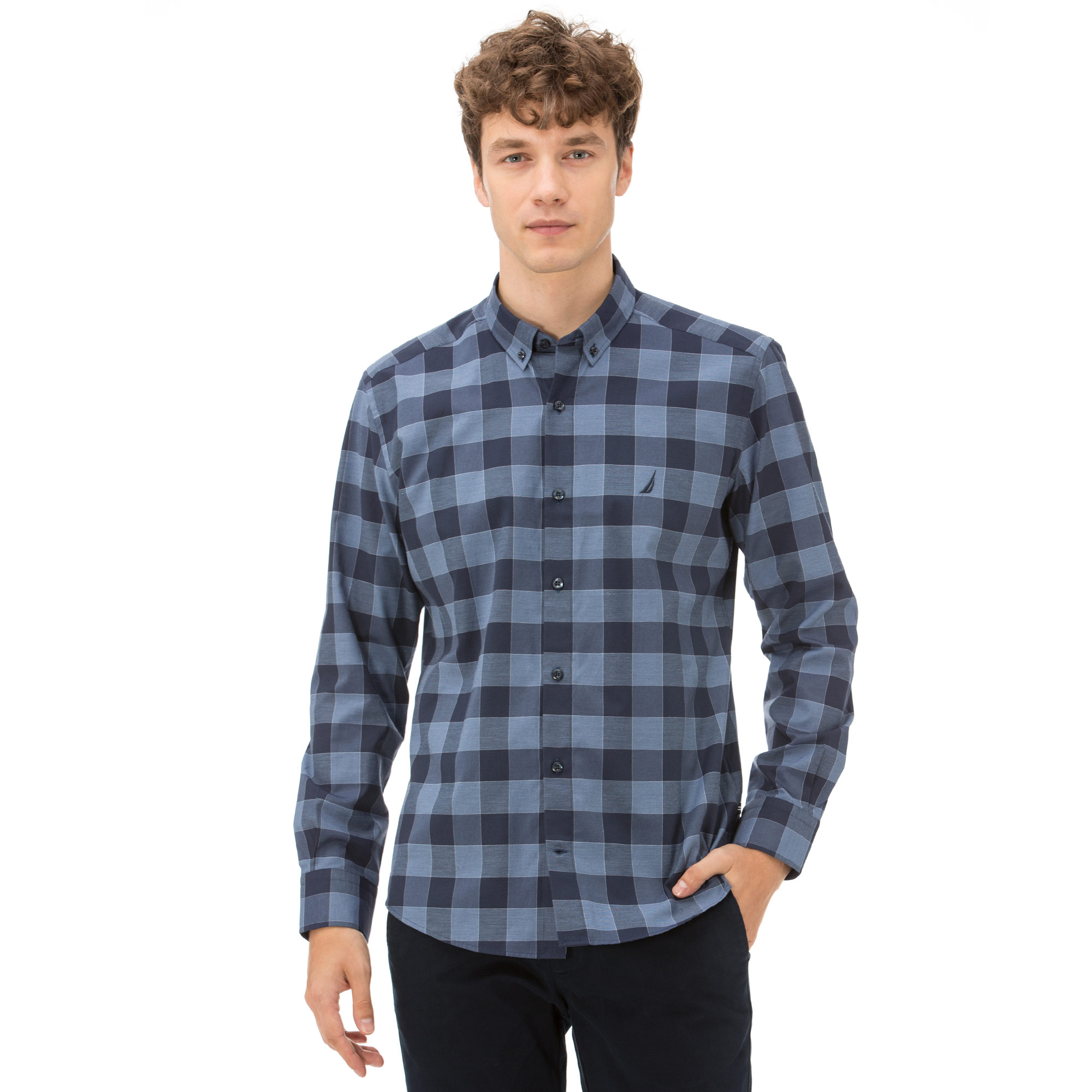 Nautica Erkek Slim Fit Kırışmayan Mavi Ekoseli Gömlek