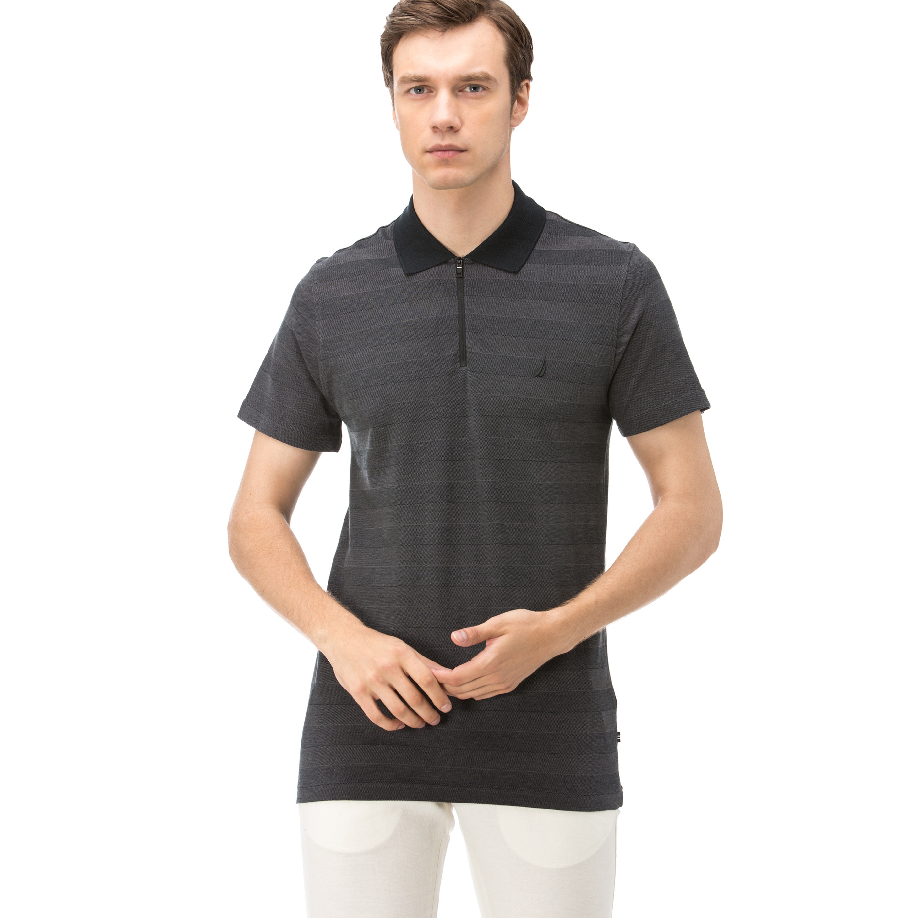 Nautica Erkek Siyah Çizgili Fermuarlı Kısa Kollu Slim Fit Polo
