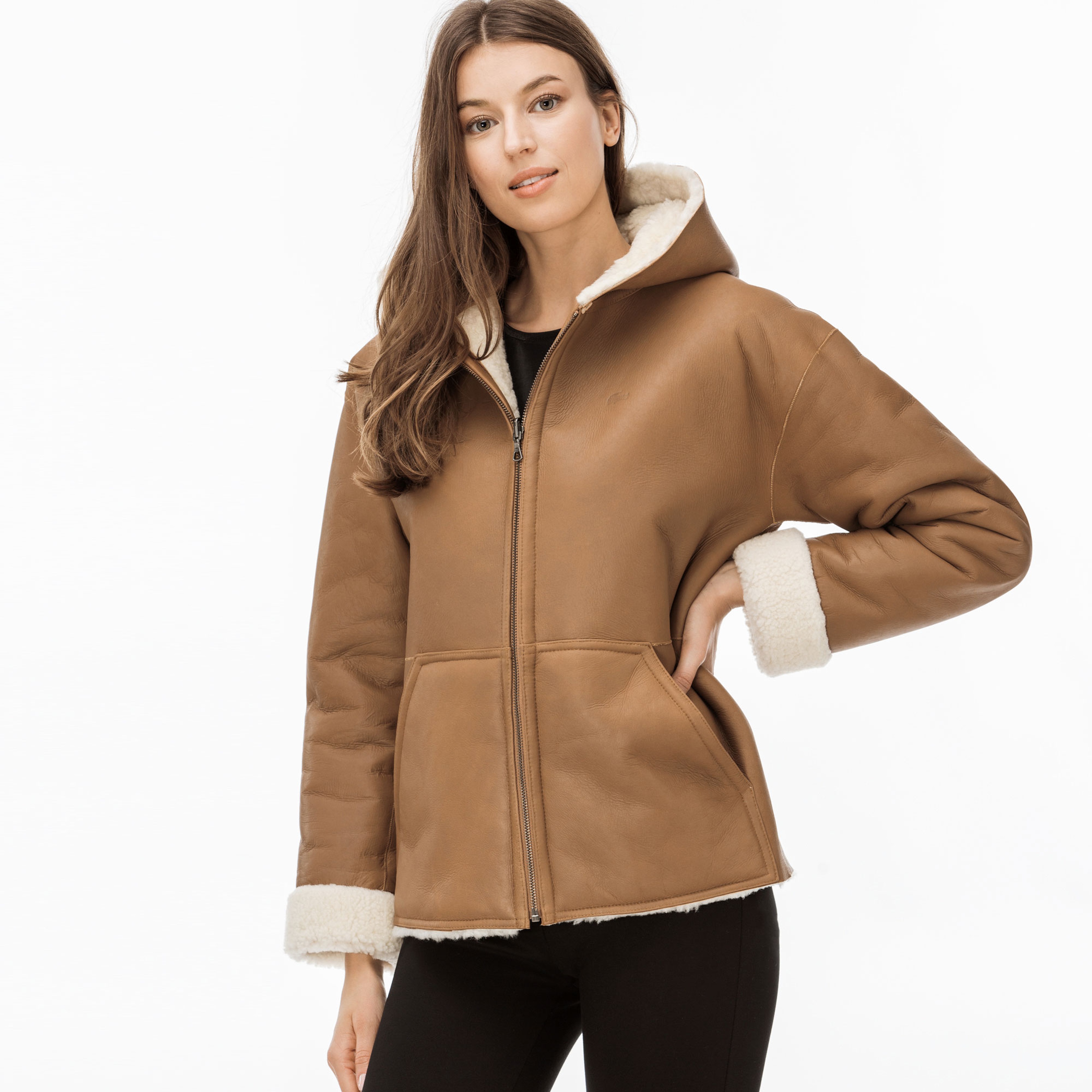 Lacoste Kadın İçi Kürklü Kahverengi Deri Mont