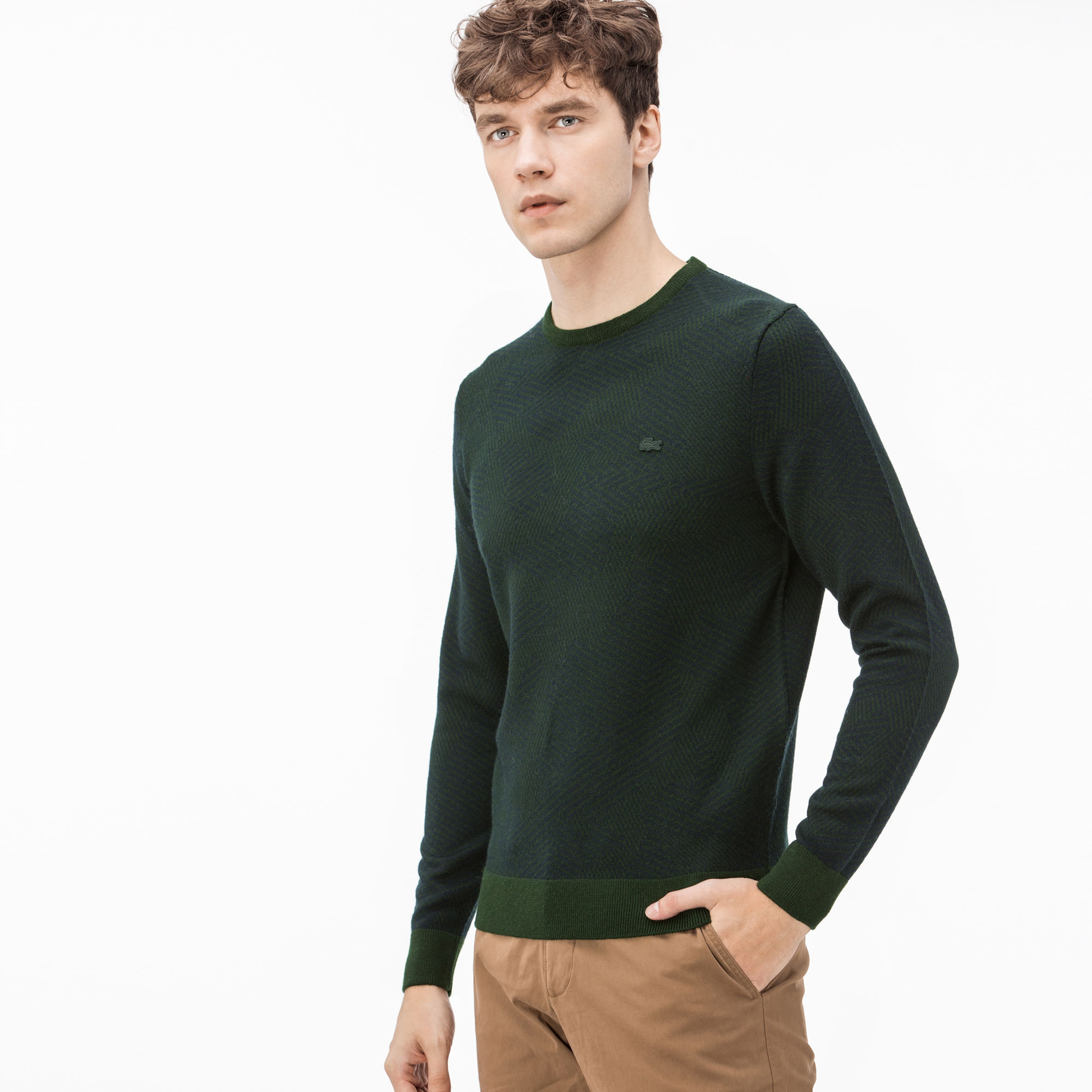 Lacoste Erkek Yeşil-Lacivert Bisiklet Yaka Triko Kazak