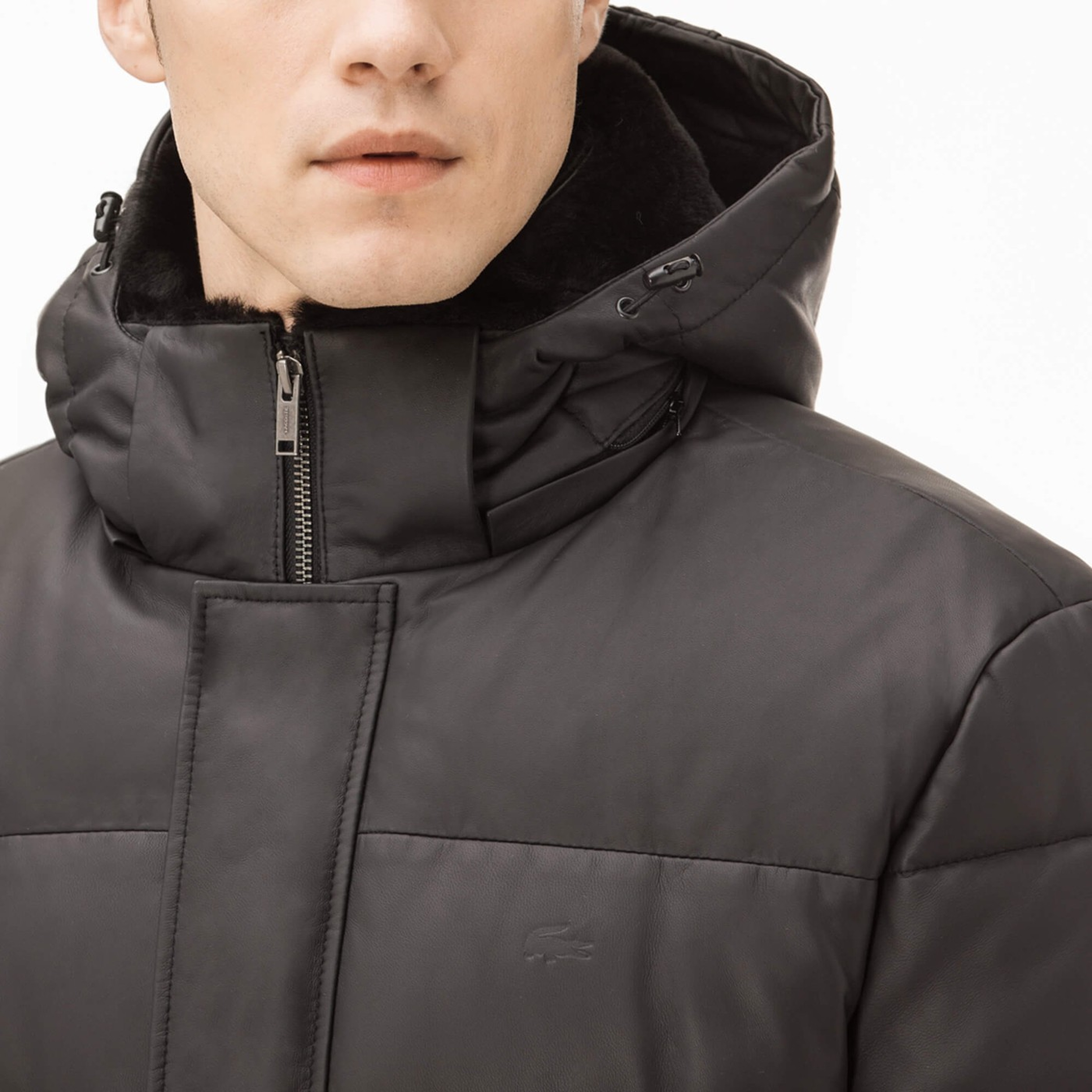 Lacoste Erkek Siyah Deri Kapitone Mont