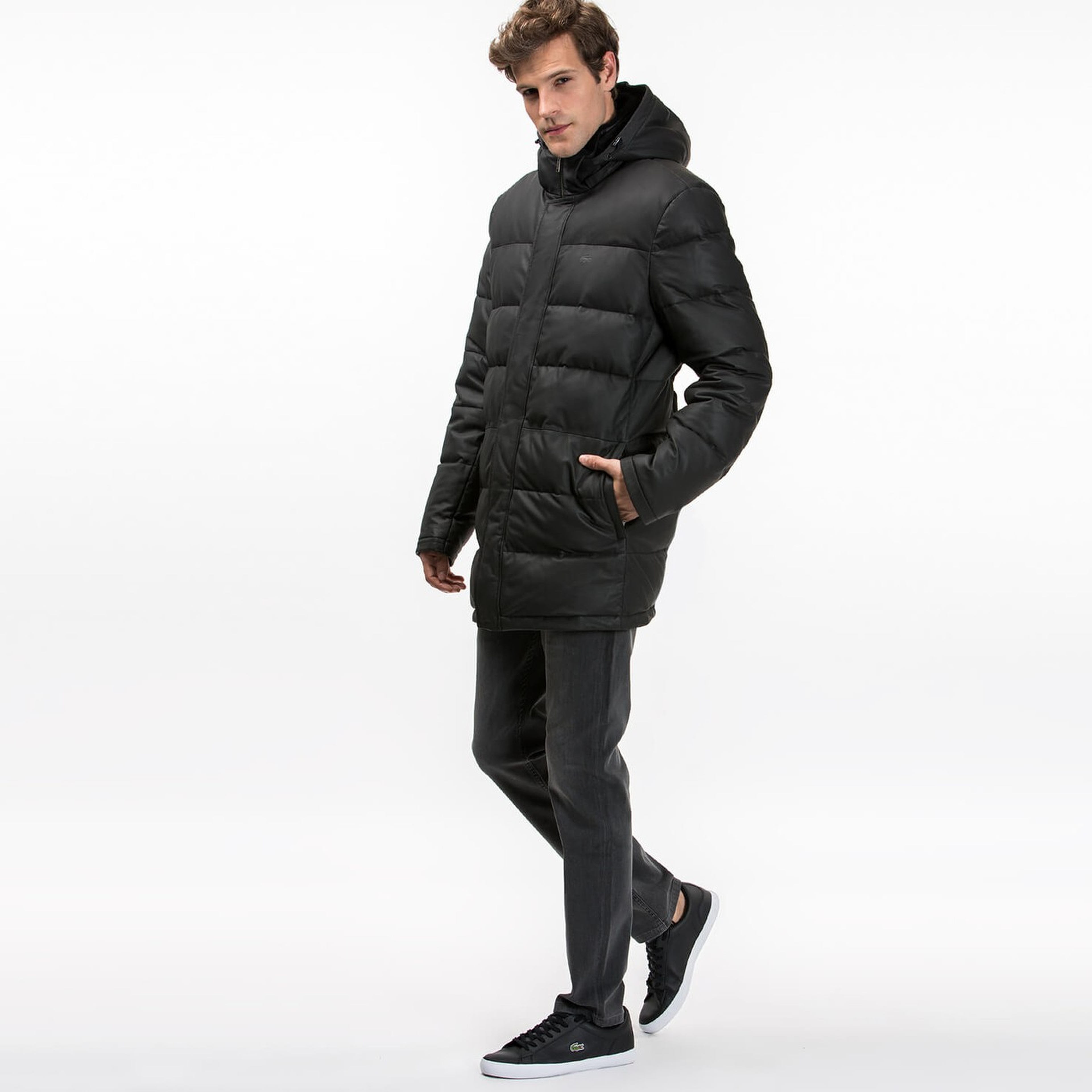 Lacoste Erkek Siyah Deri Kapitone Mont