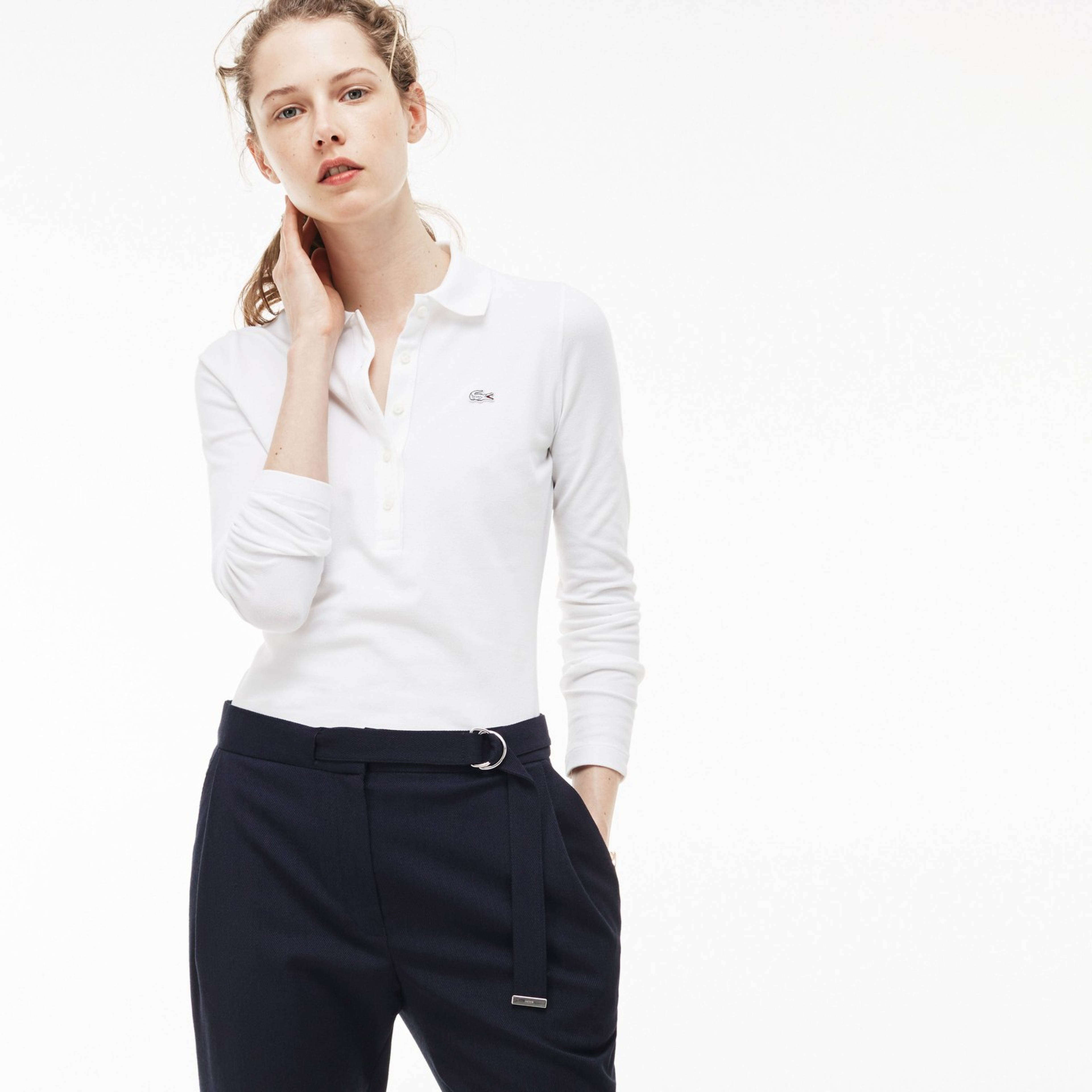 Lacoste Kadın Slim Fit Uzun Kollu Beyaz Polo