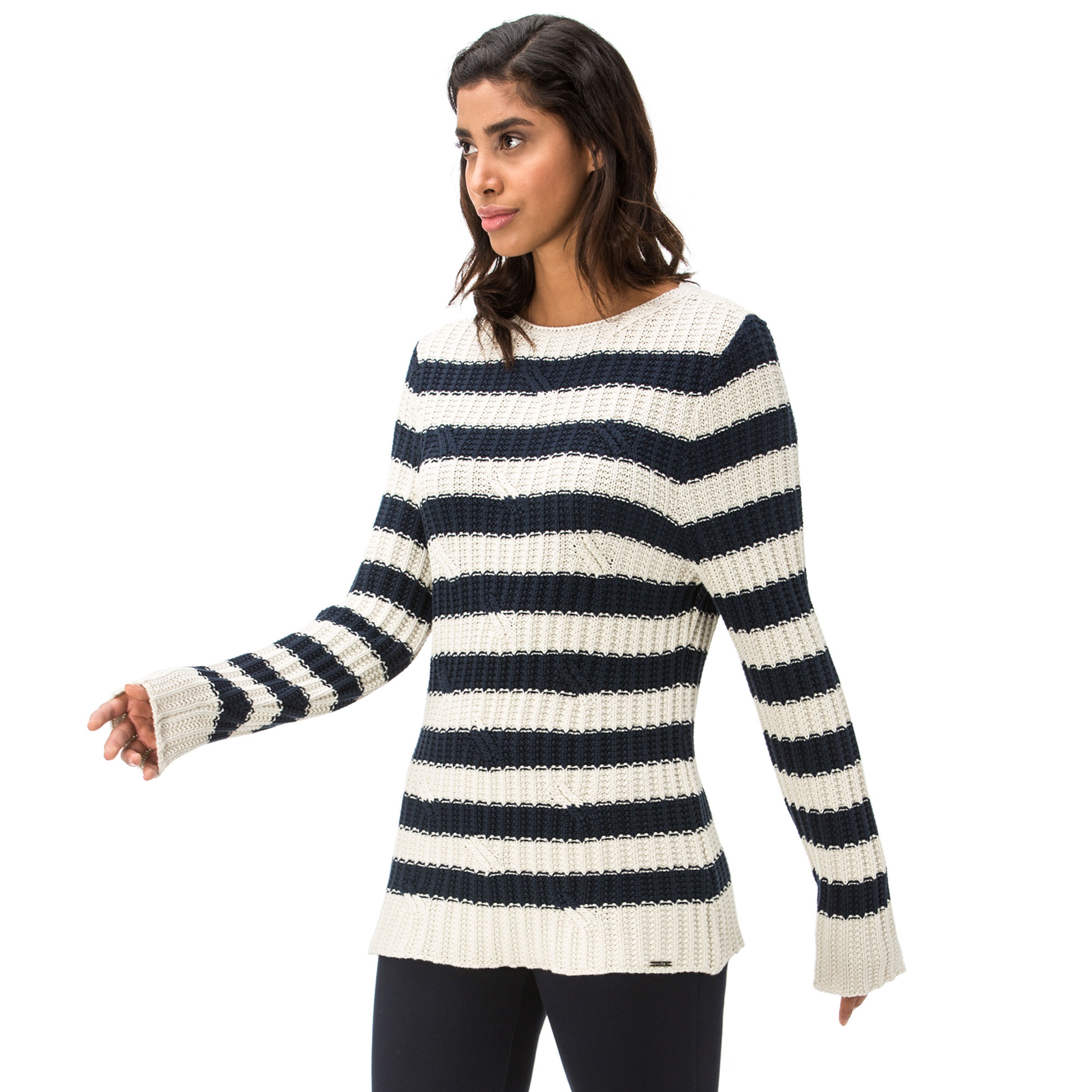 Nautica Kadın Classıc Fıt Çizgili Kırık Beyaz Triko