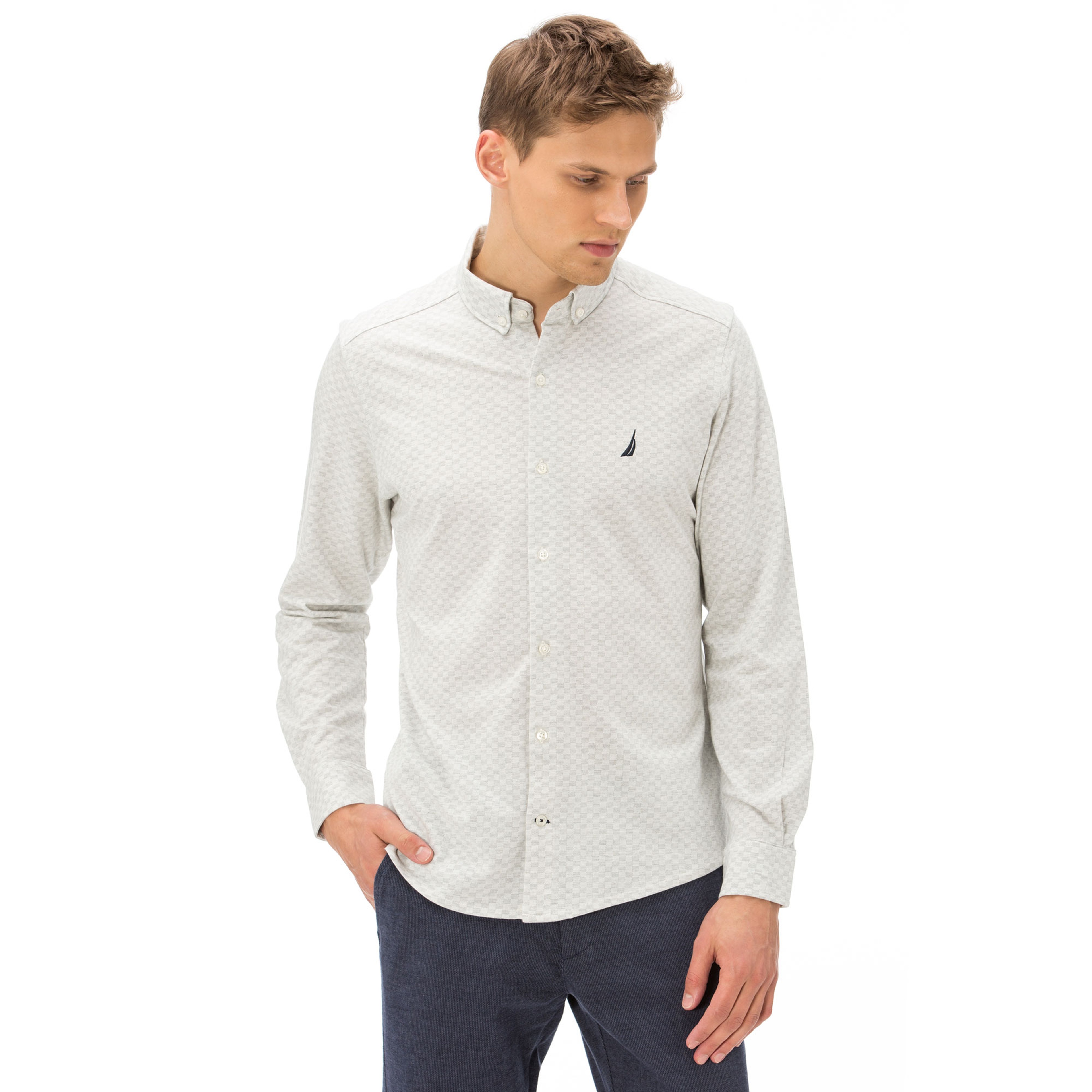 Nautica Erkek Slim Fit Armürlü Beyaz Gömlek