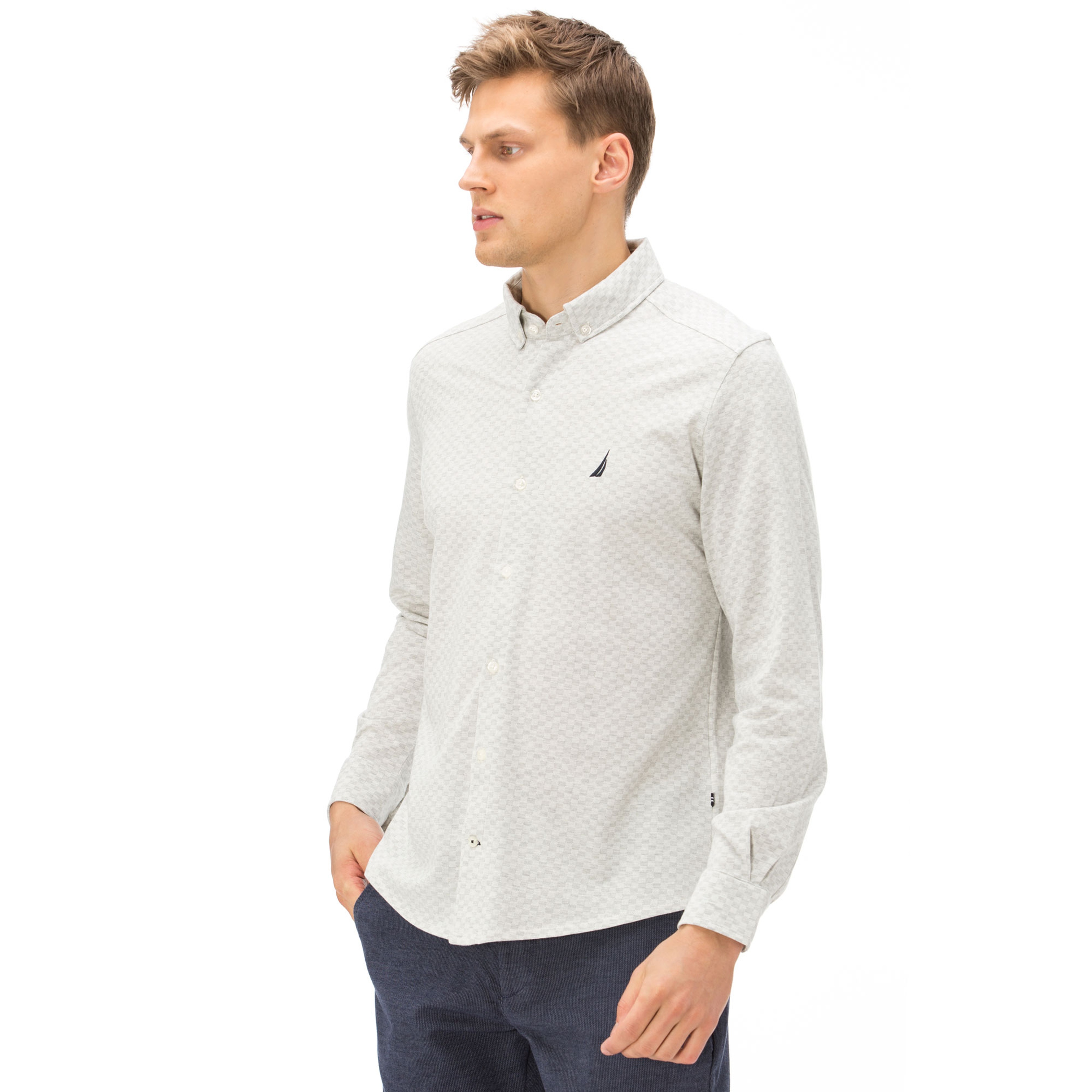 Nautica Erkek Slim Fit Armürlü Beyaz Gömlek