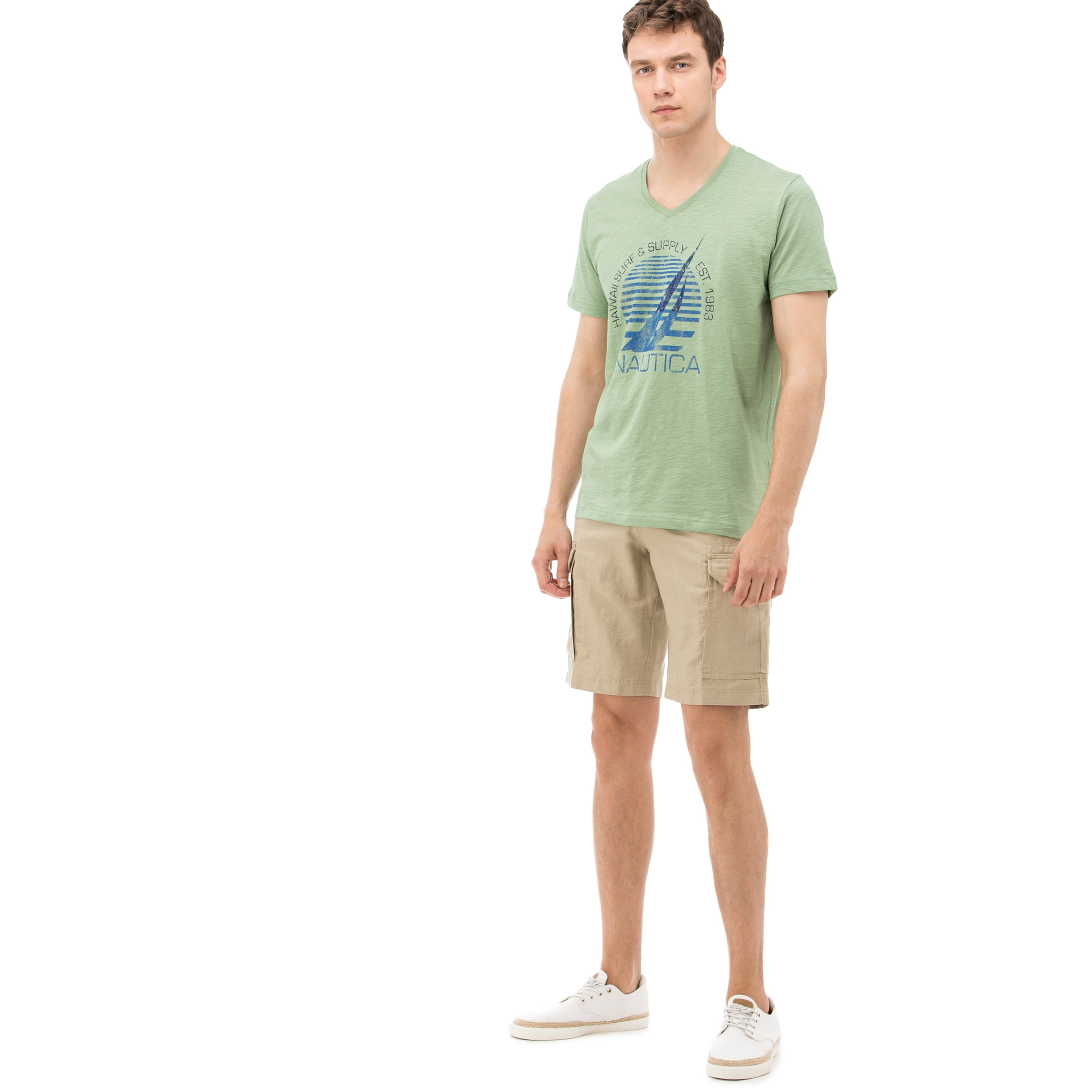 Nautica Erkek Bej Keten Kargo Bermuda Şort