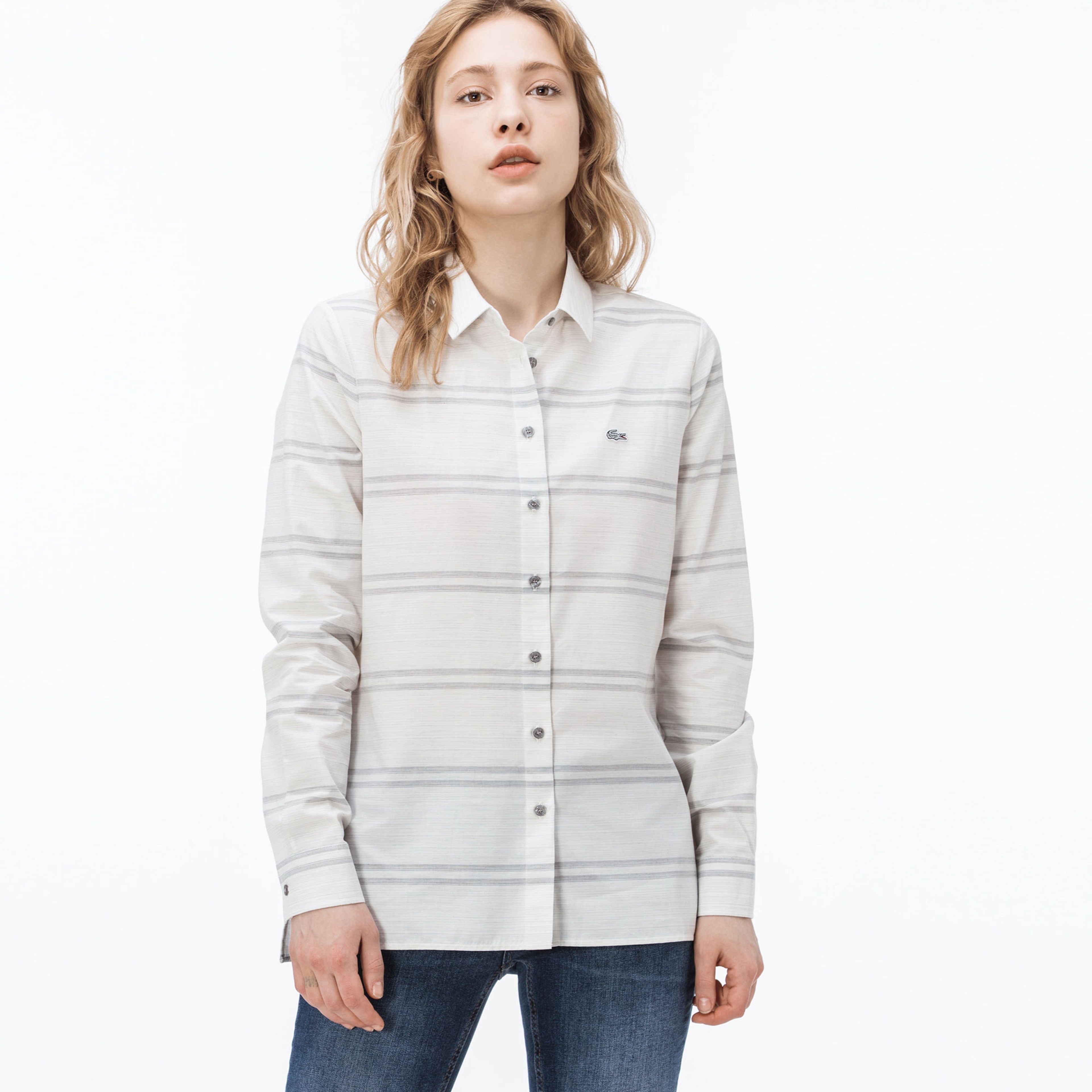 Lacoste Kadın Çizgili Beyaz Gömlek