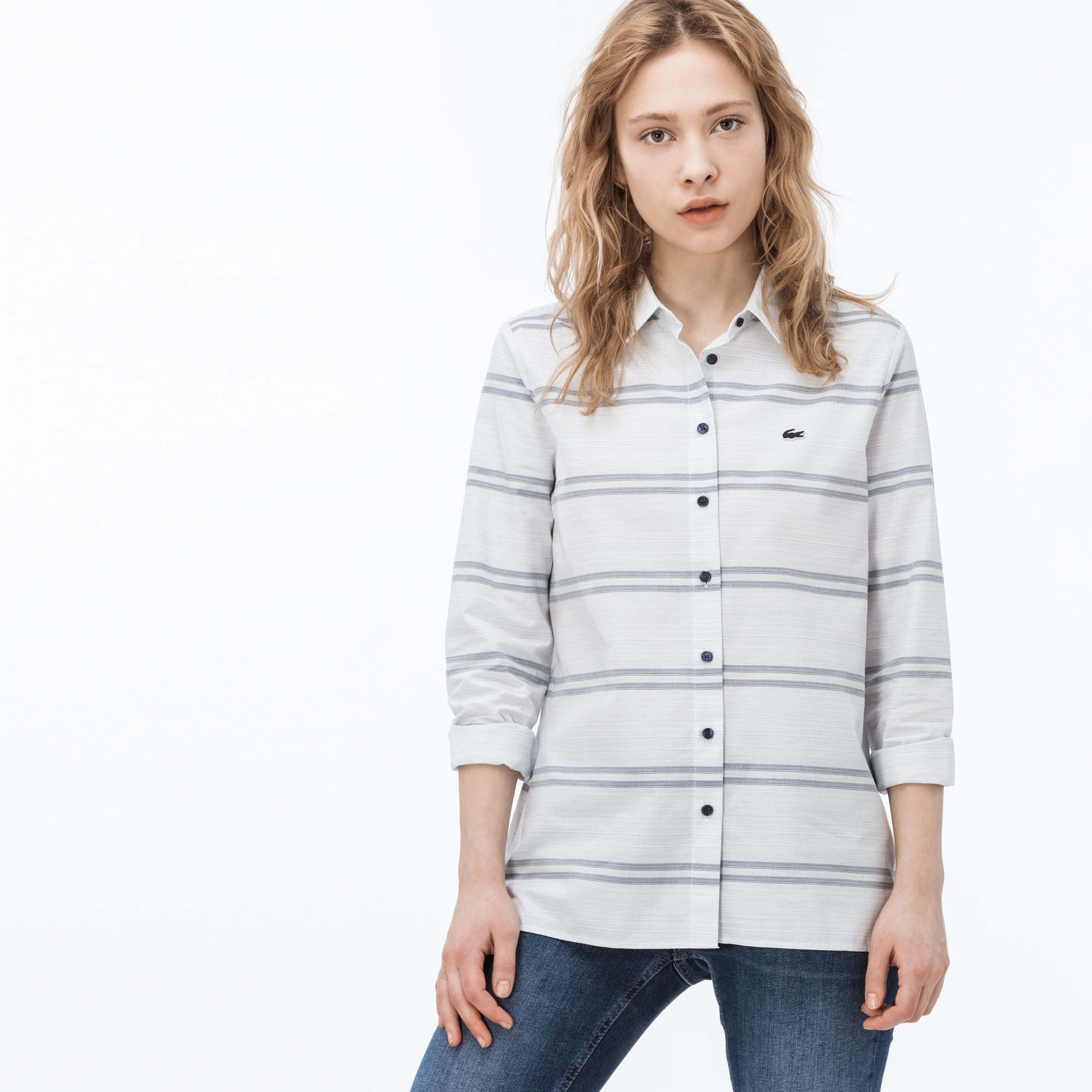 Lacoste Kadın Çizgili Beyaz Gömlek