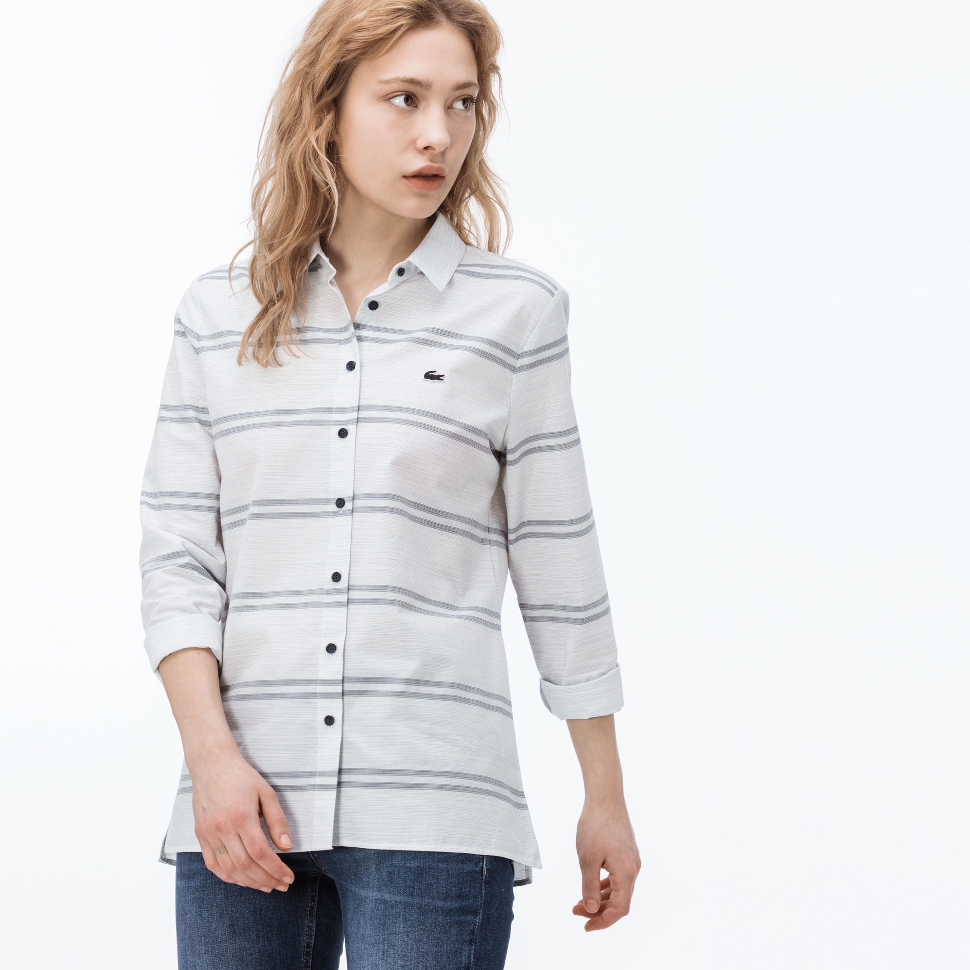 Lacoste Kadın Çizgili Beyaz Gömlek