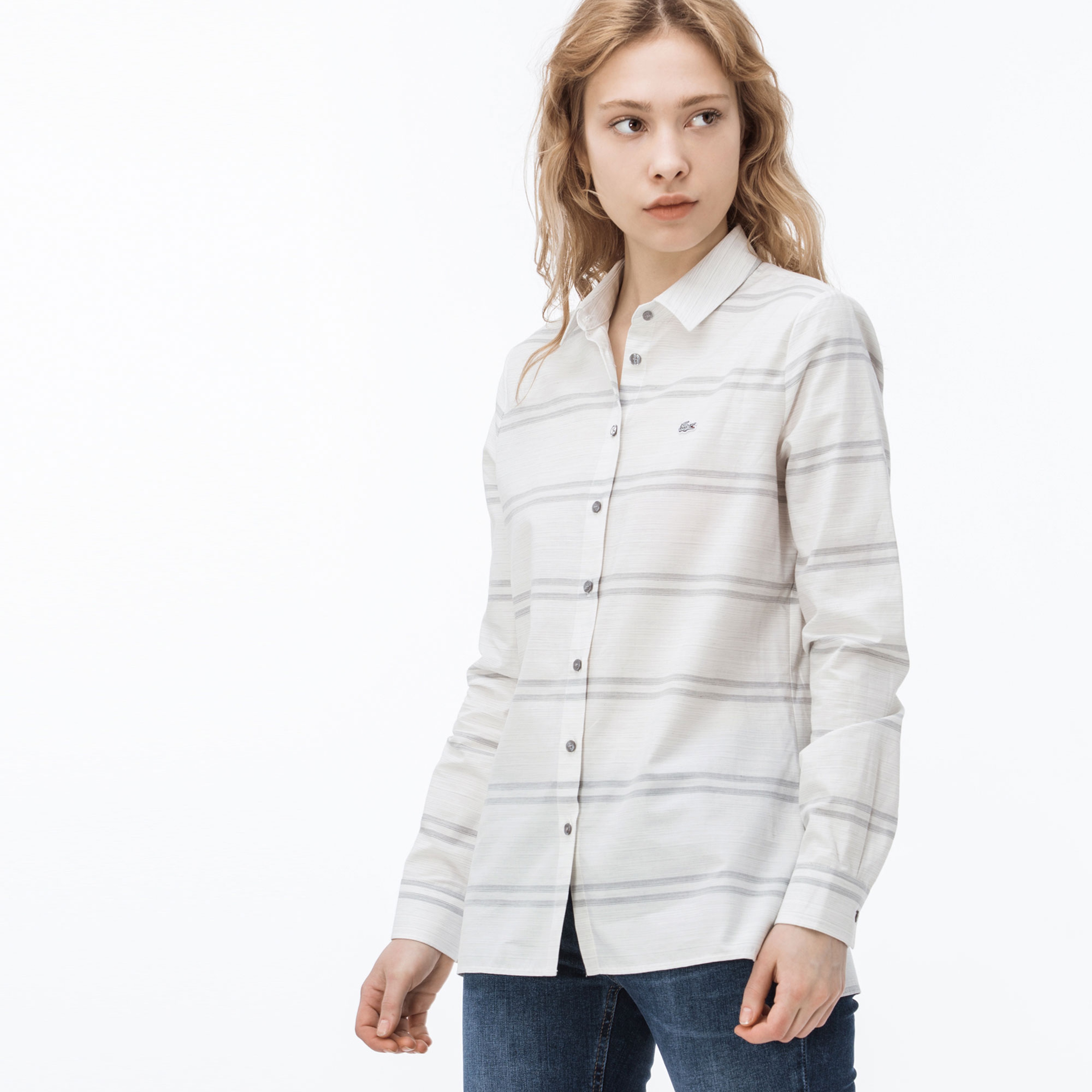 Lacoste Kadın Çizgili Beyaz Gömlek