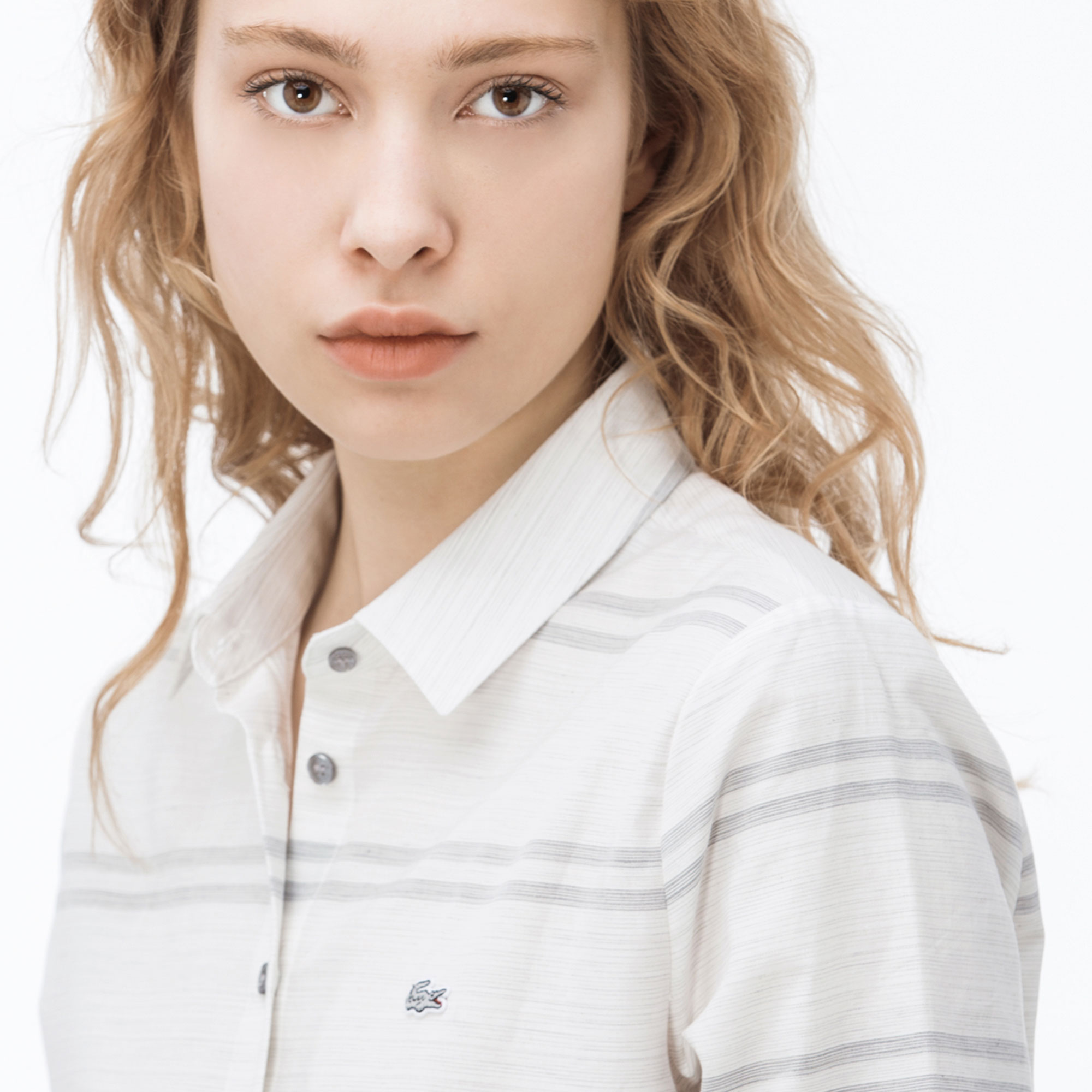 Lacoste Kadın Çizgili Beyaz Gömlek