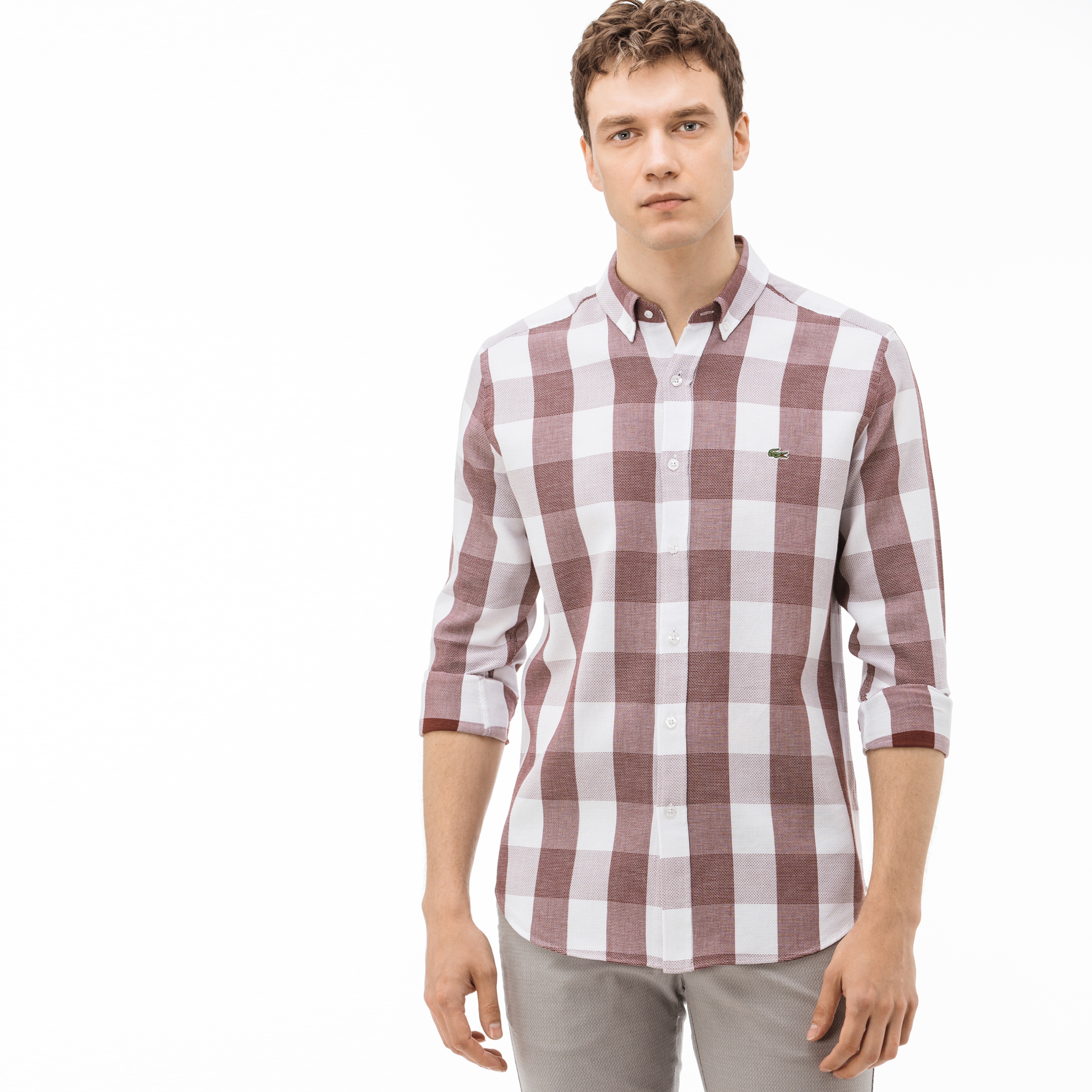 Lacoste Erkek Slim Fit Ekose Bordo-Beyaz Gömlek