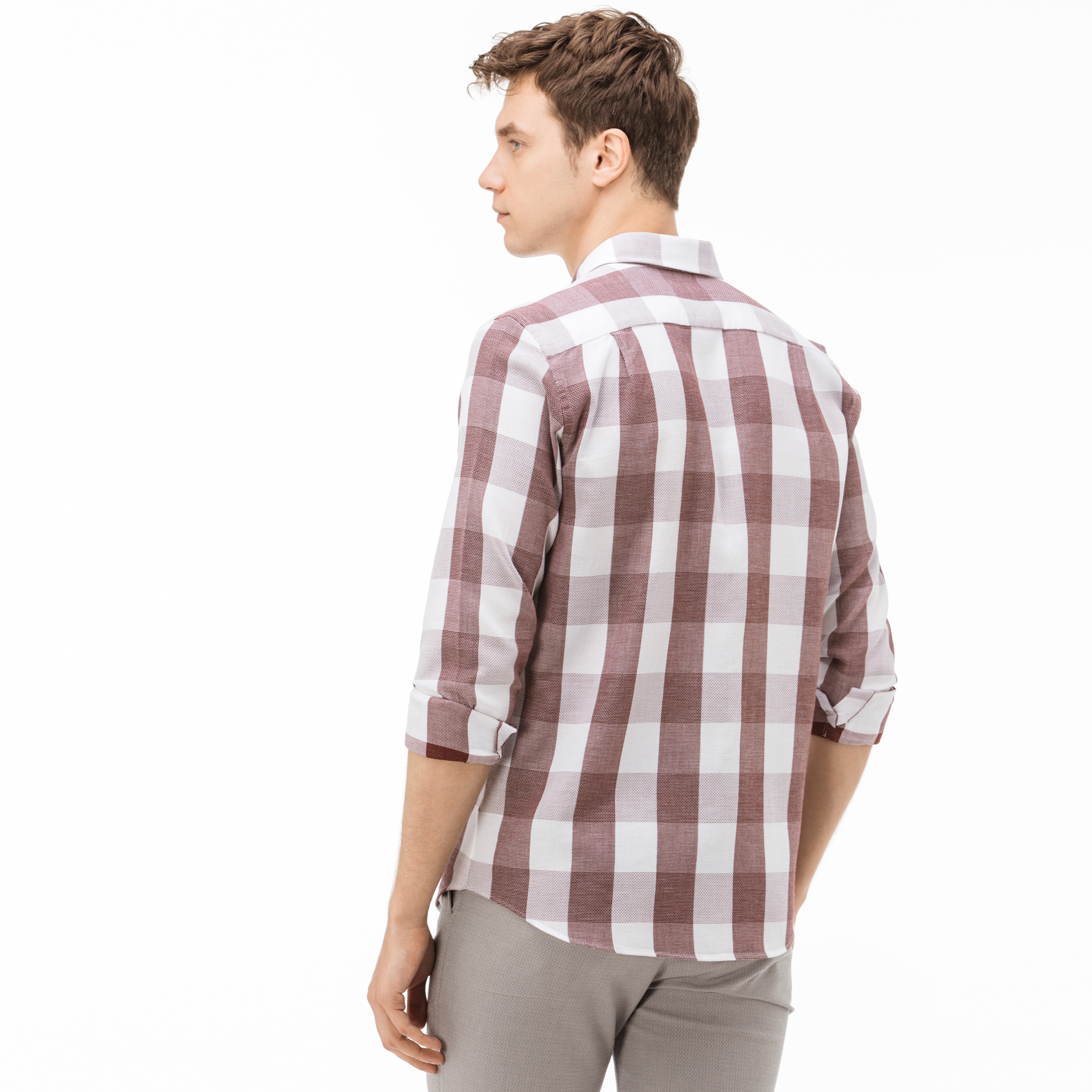 Lacoste Erkek Slim Fit Ekose Bordo-Beyaz Gömlek