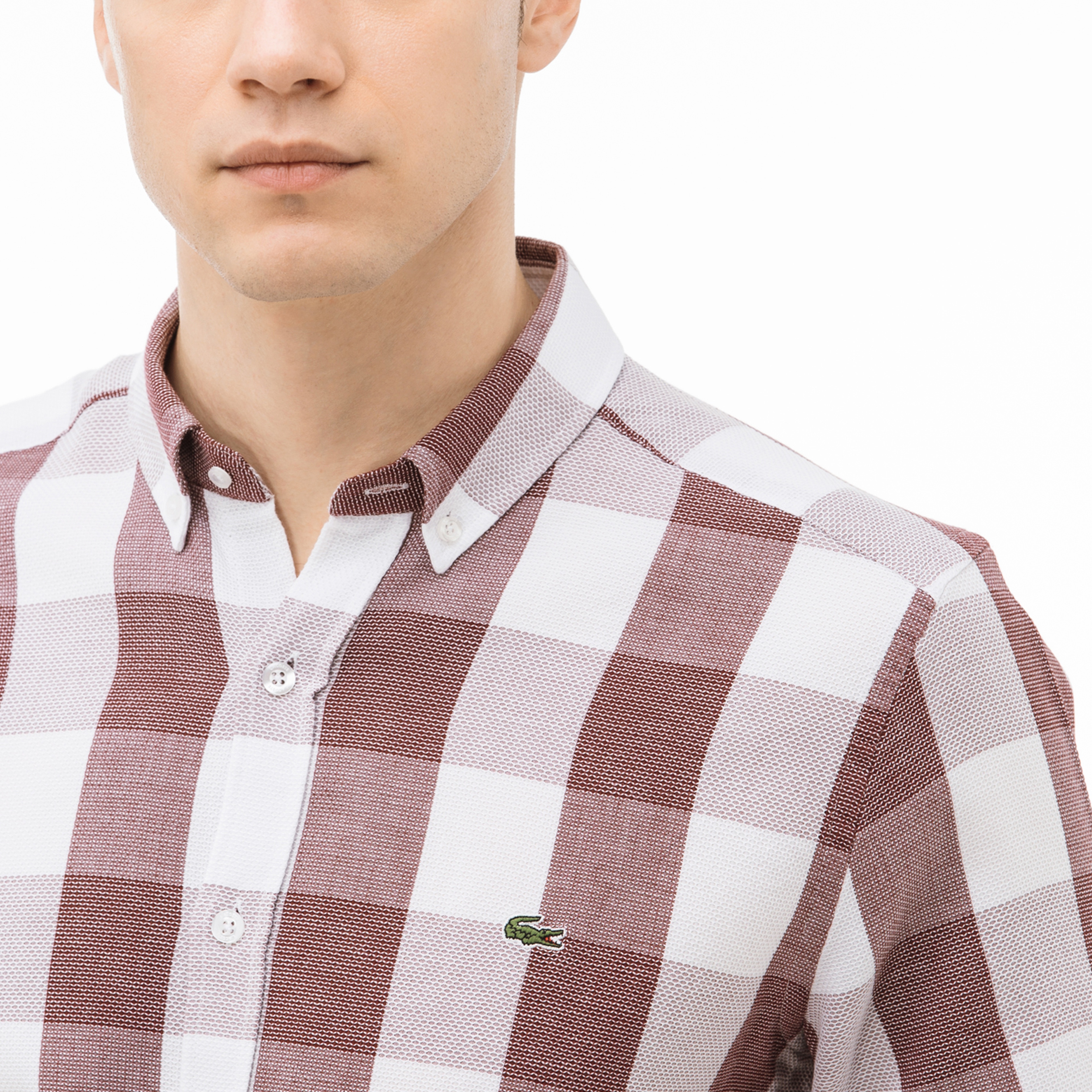 Lacoste Erkek Slim Fit Ekose Bordo-Beyaz Gömlek