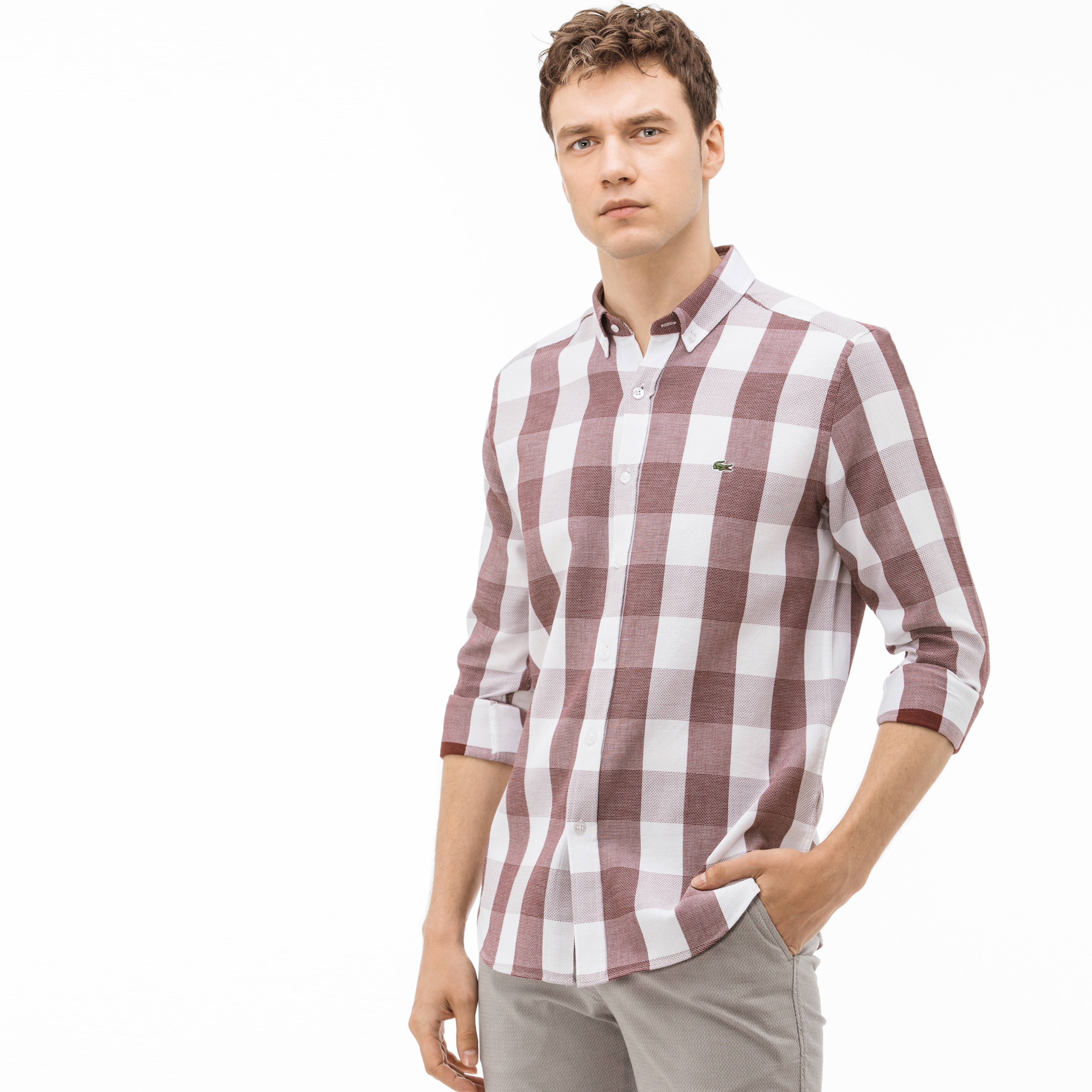 Lacoste Erkek Slim Fit Ekose Bordo-Beyaz Gömlek