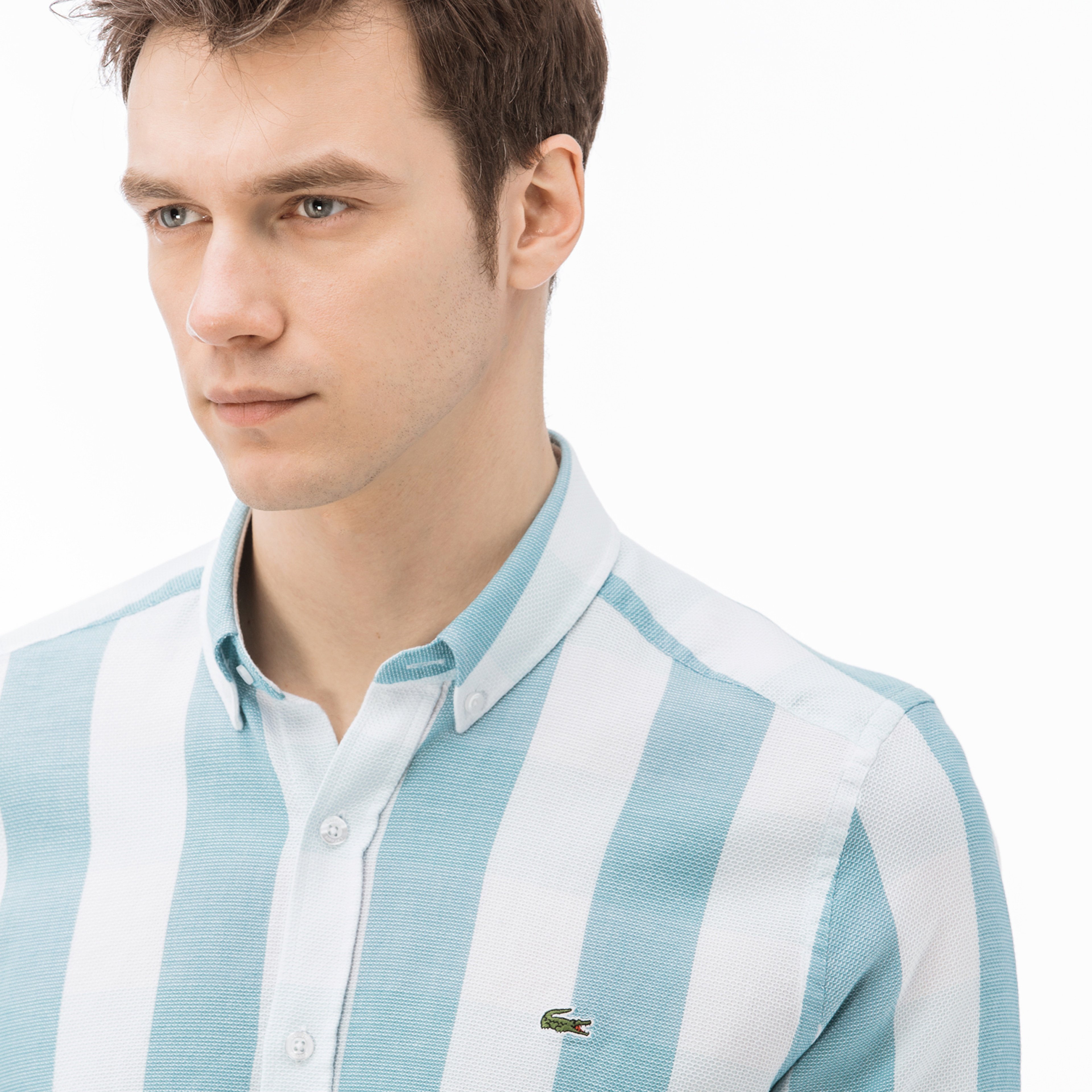 Lacoste Erkek Slim Fit Çizgili Mavi Gömlek