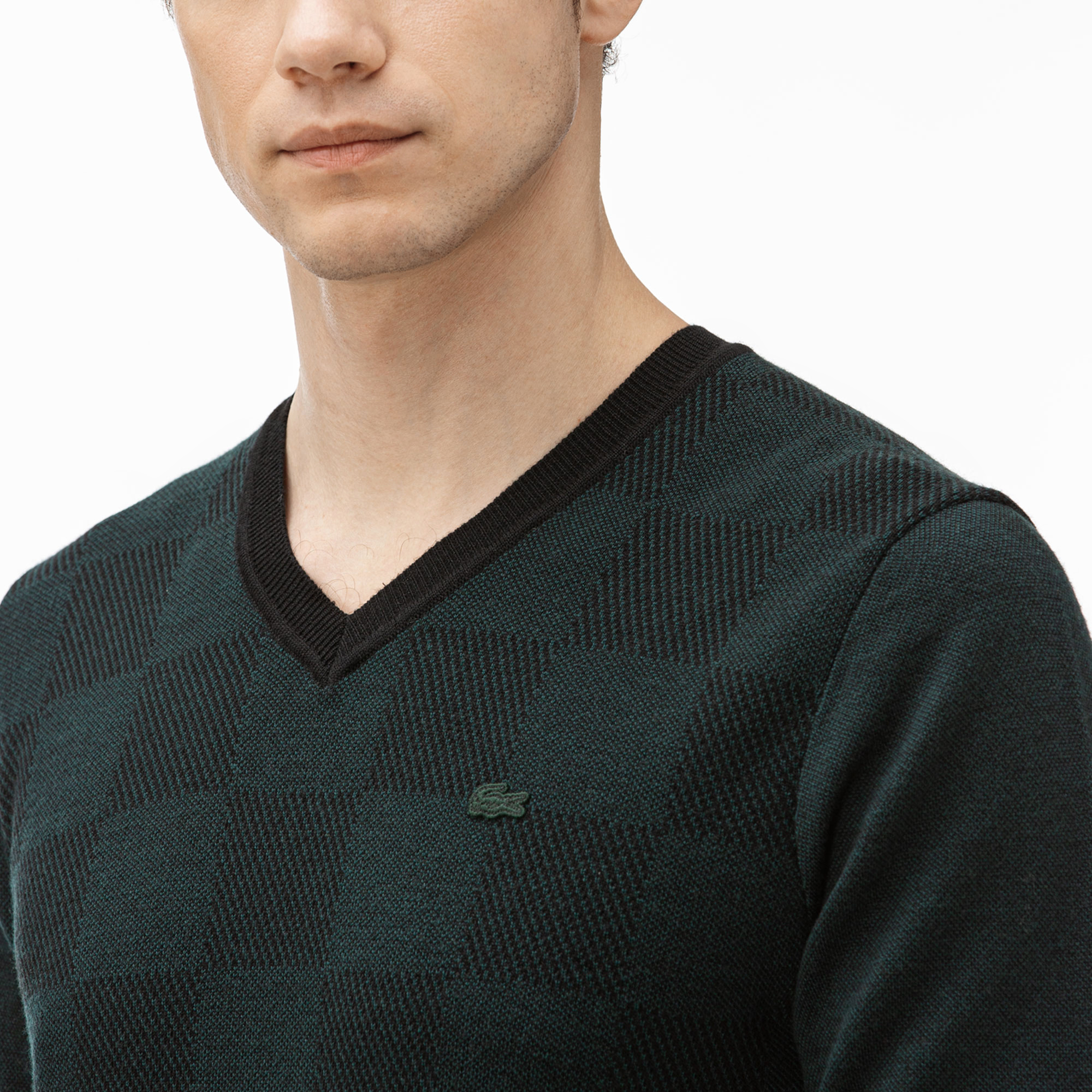 Lacoste Erkek V Yakalı Yeşil-Siyah Yün Triko Kazak