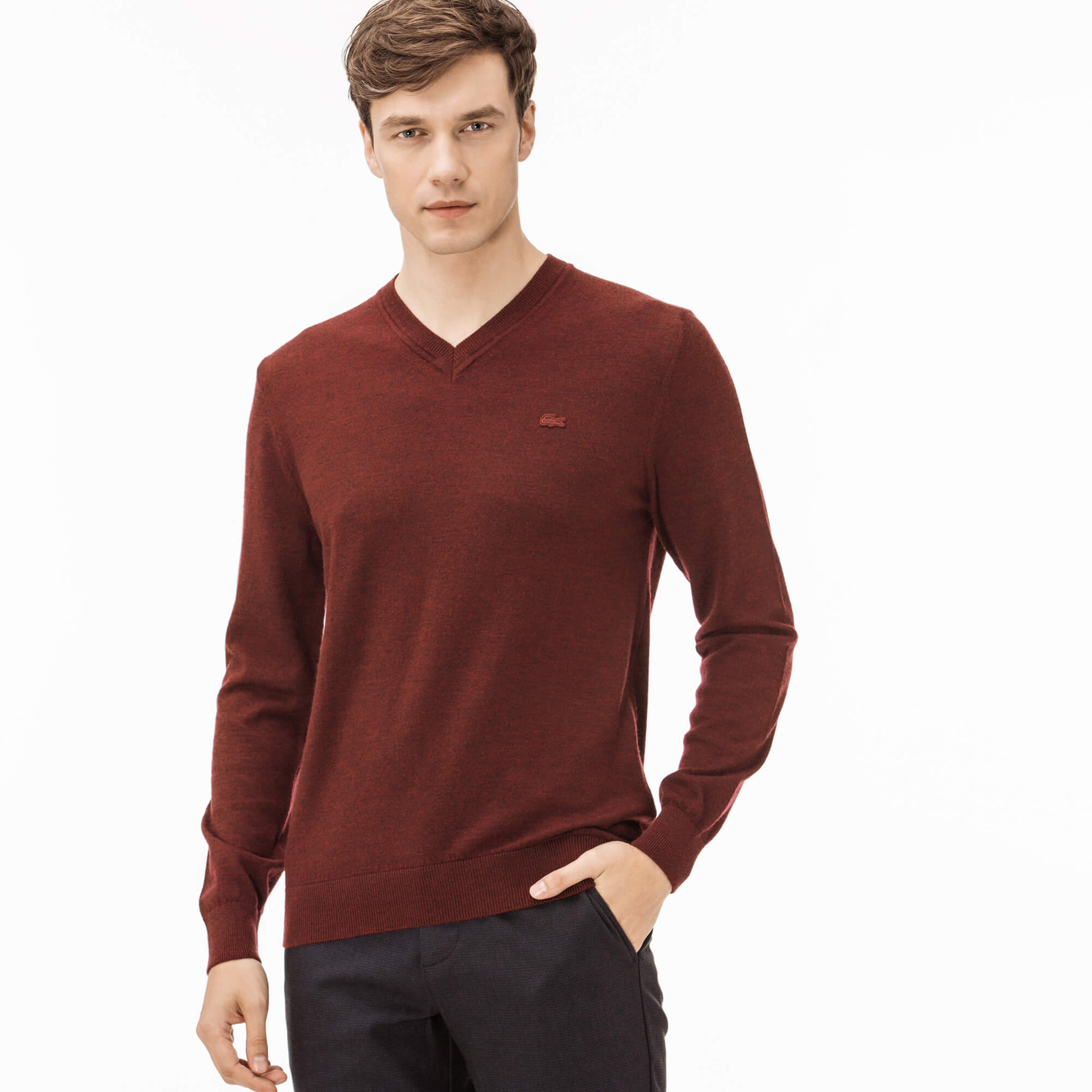 Lacoste Erkek Bordo V Yaka Klasik Fit Yün Triko Kazak