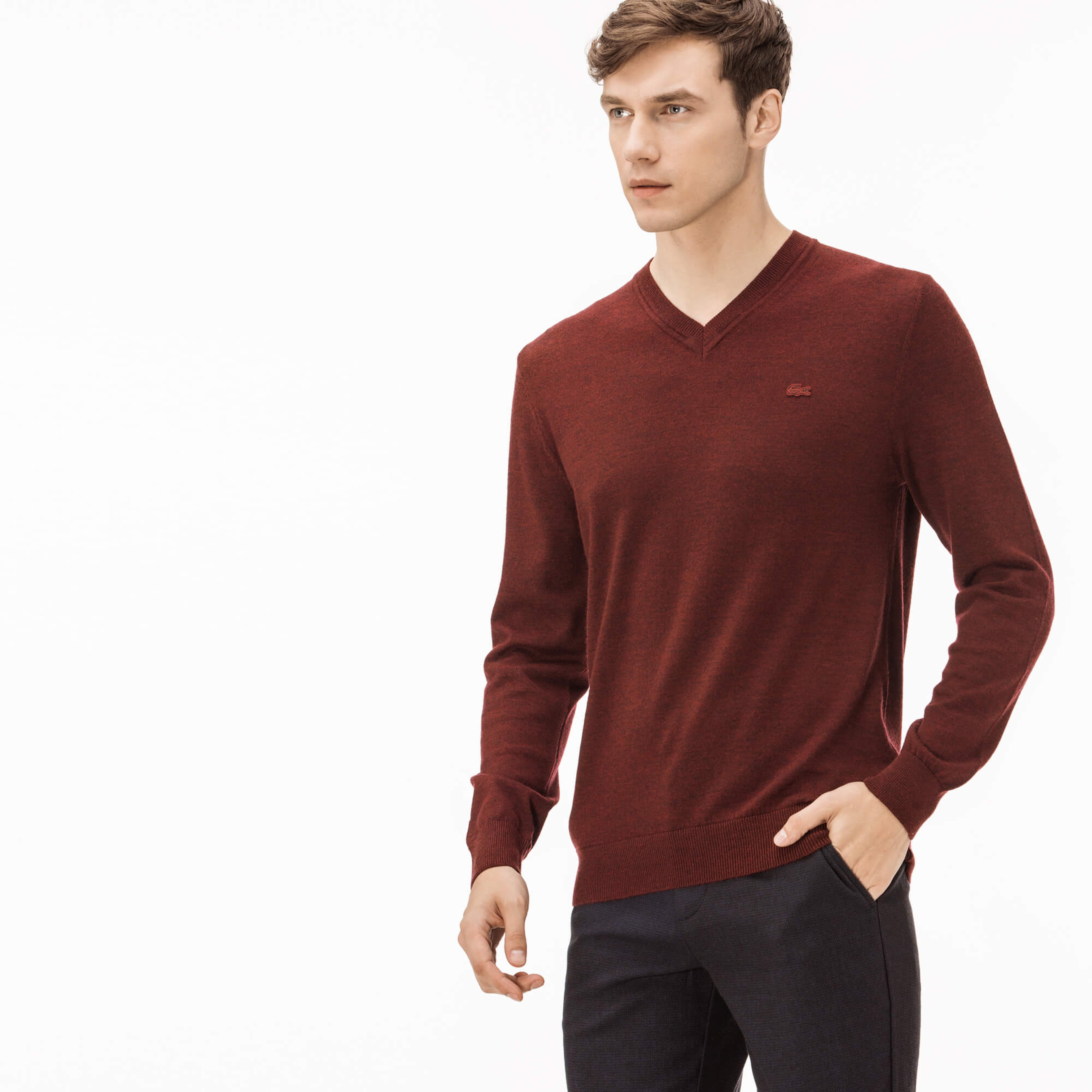 Lacoste Erkek Bordo V Yaka Klasik Fit Yün Triko Kazak