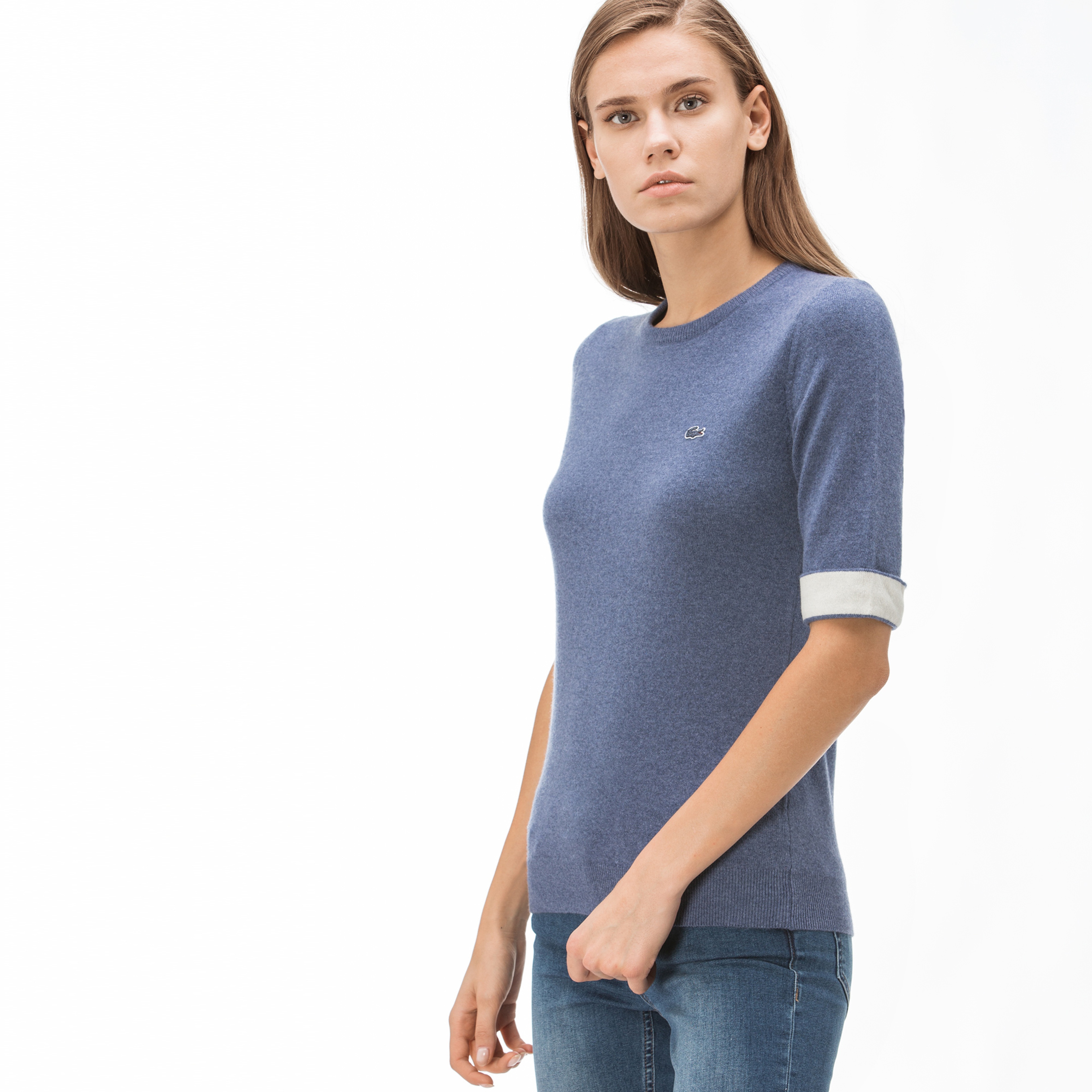 Lacoste Kadın Truvakar Kollu Kaşmir Karışımlı Mavi Triko Kazak