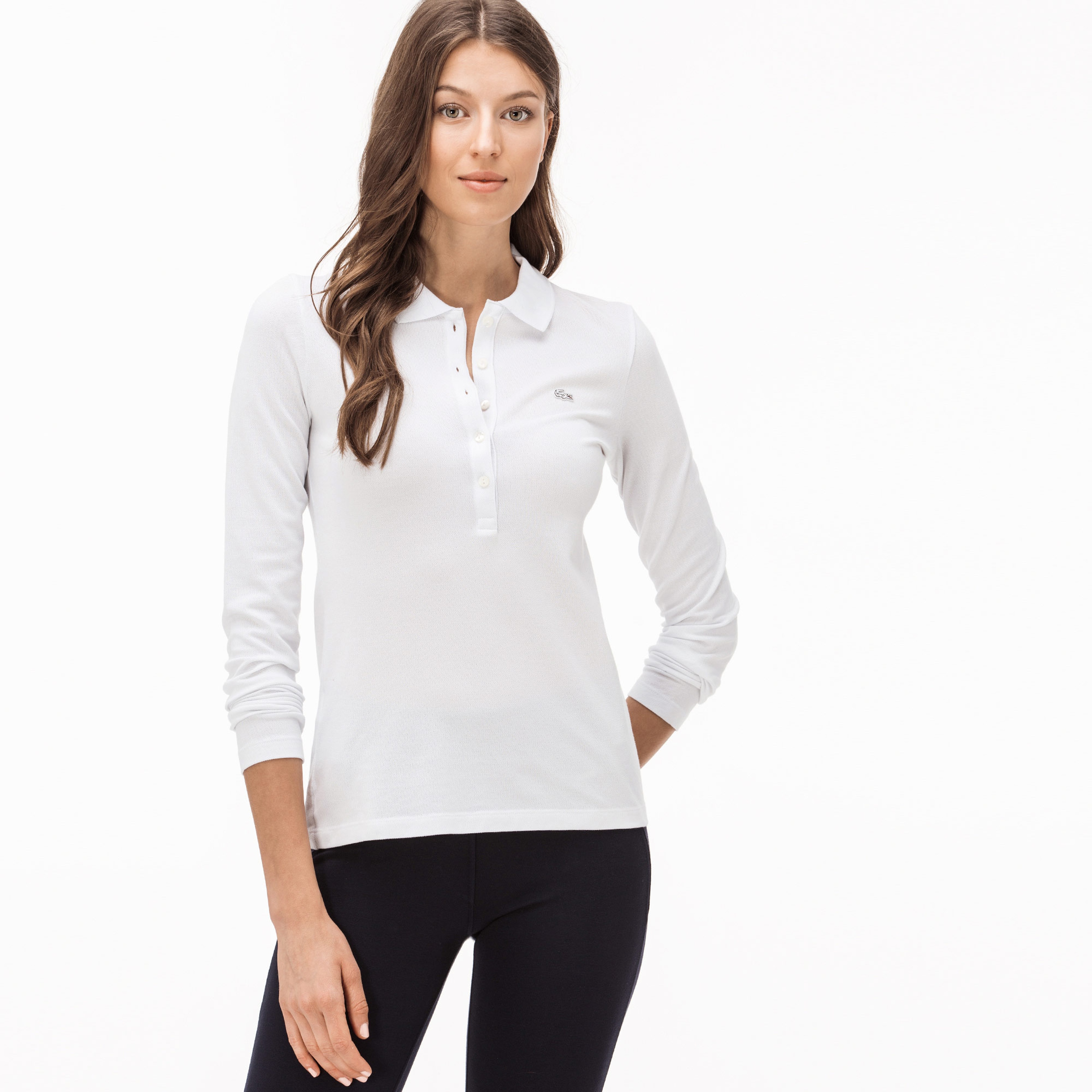 Lacoste Kadın Slim Fit Uzun Kollu Beyaz Polo