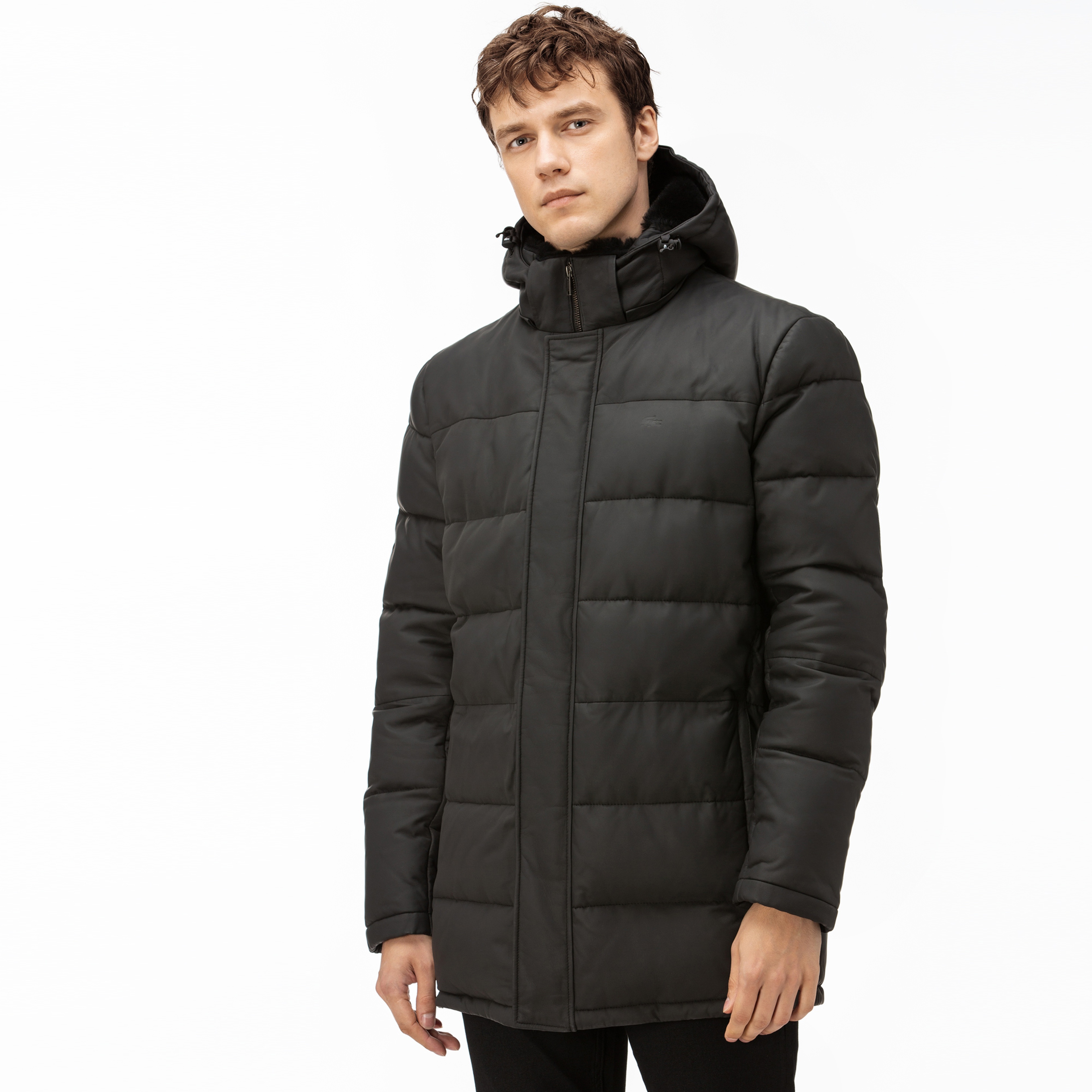 Lacoste Erkek Siyah Deri Kapitone Mont