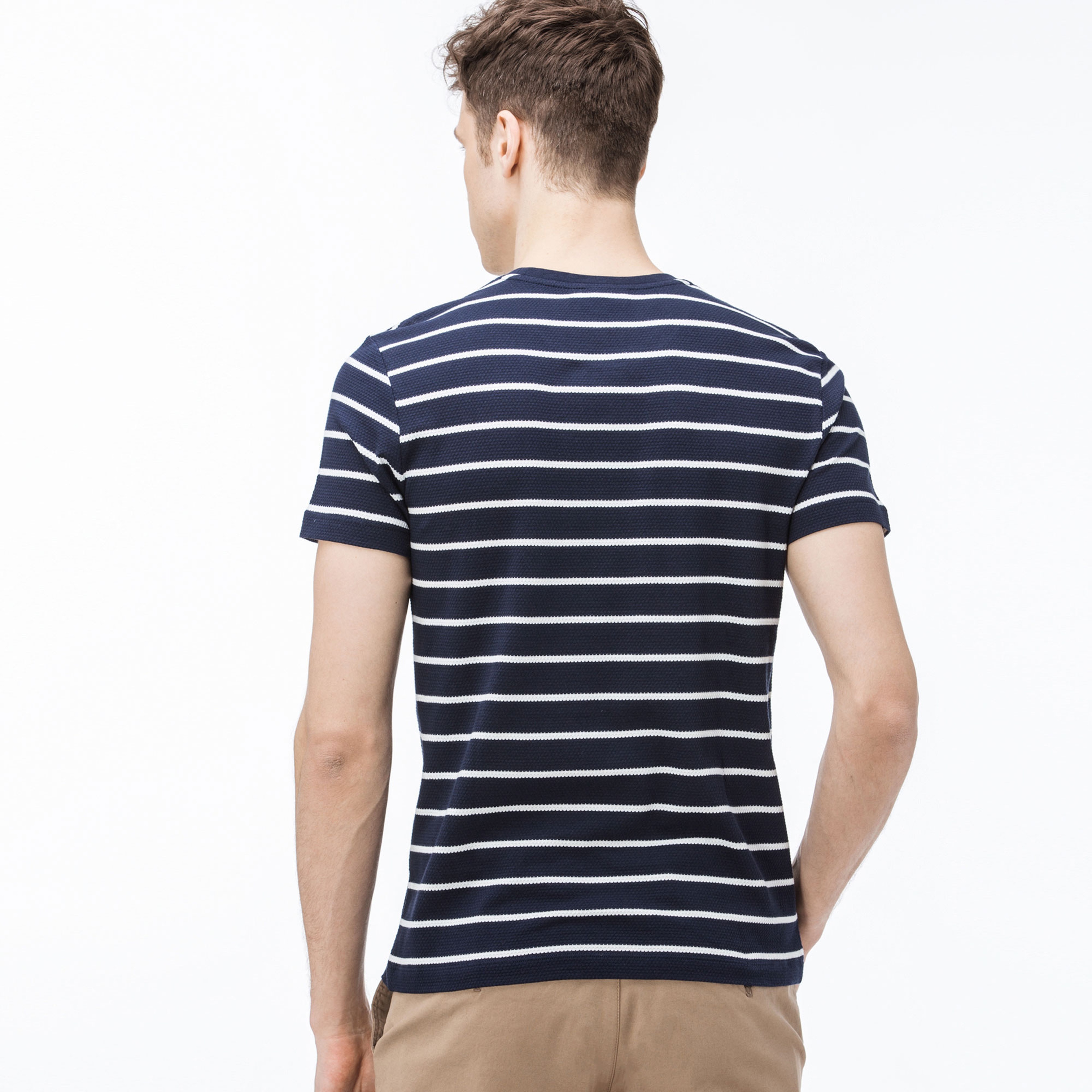 Erkek Slim Fit Bisiklet Yaka Çizgili Lacivert T-Shirt