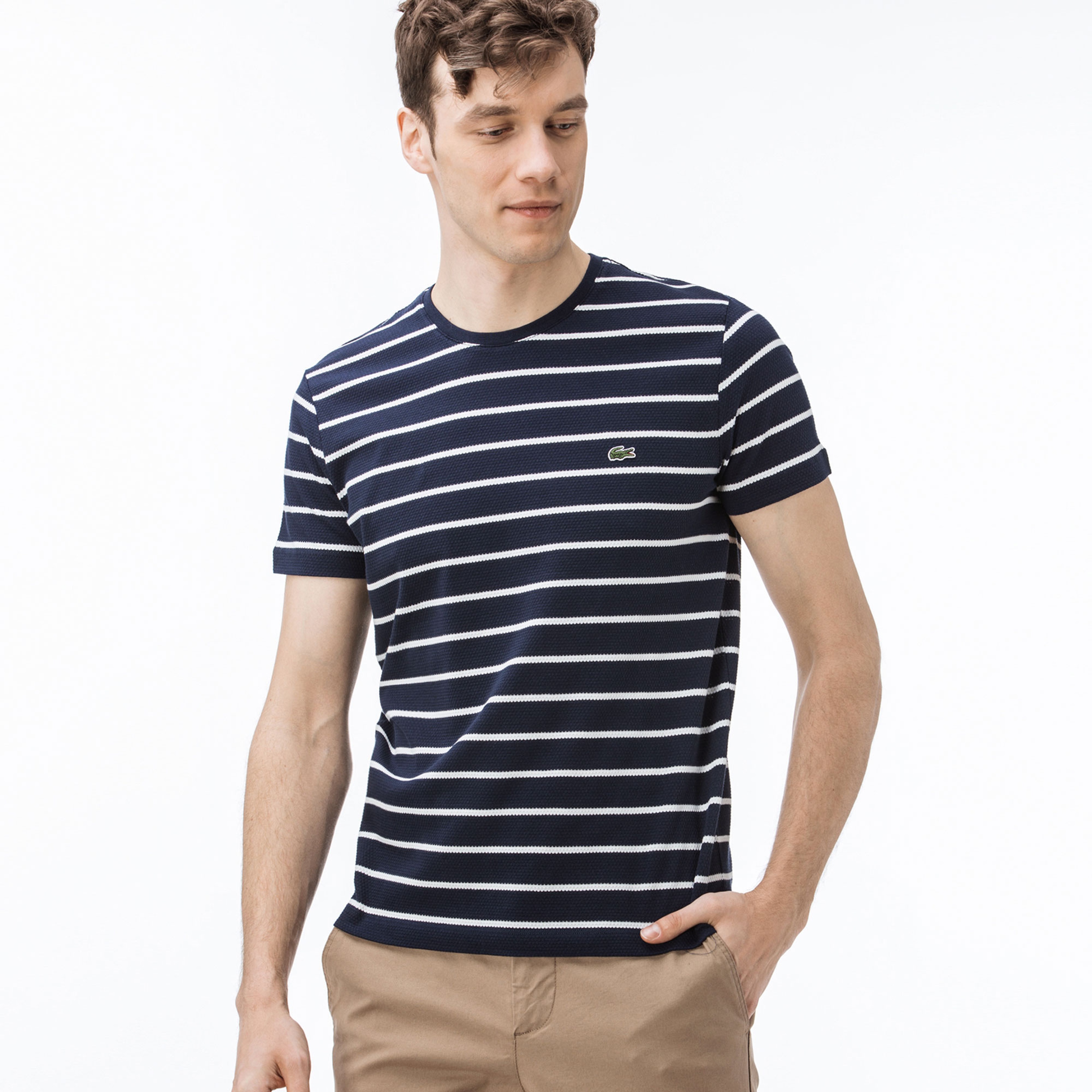 Erkek Slim Fit Bisiklet Yaka Çizgili Lacivert T-Shirt