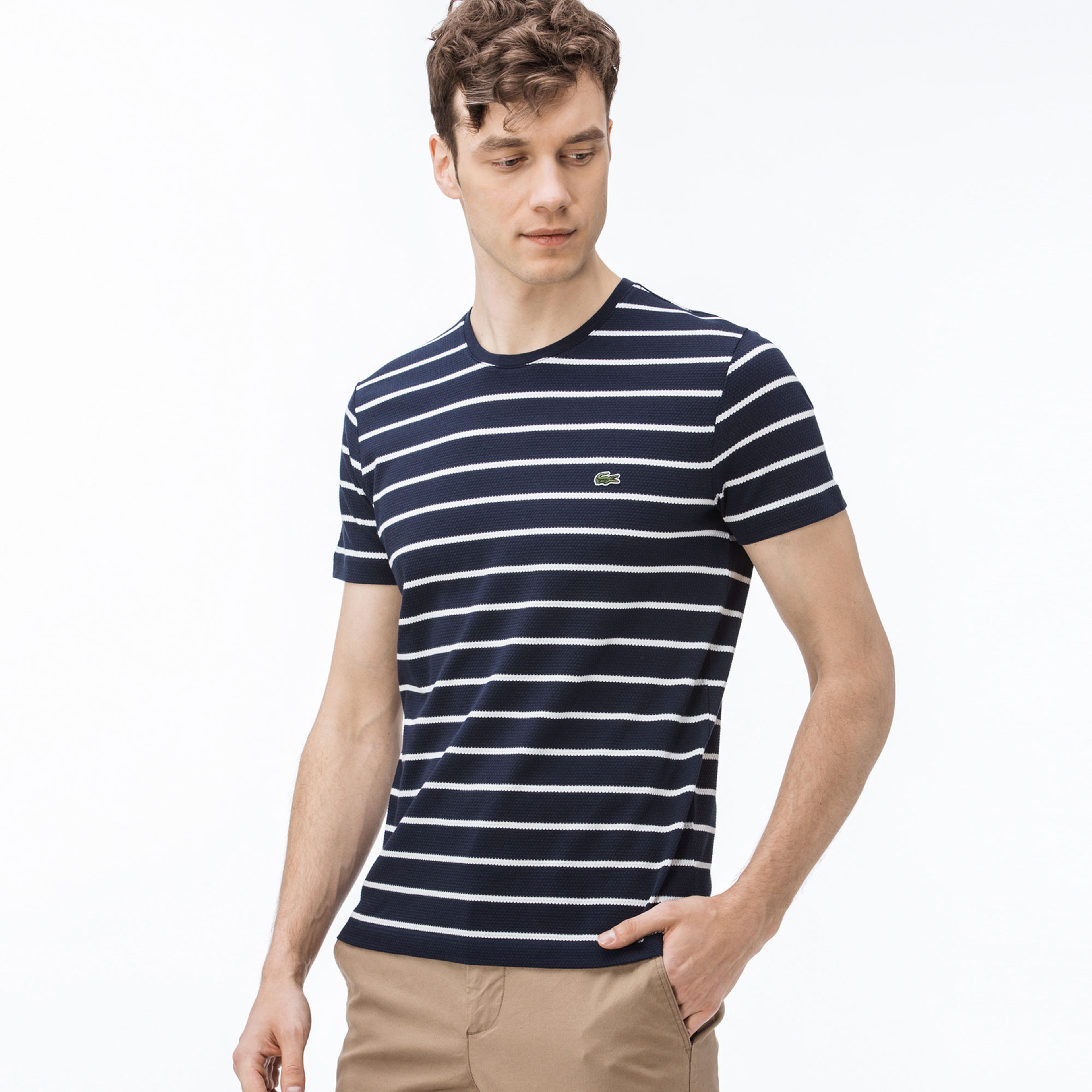 Erkek Slim Fit Bisiklet Yaka Çizgili Lacivert T-Shirt