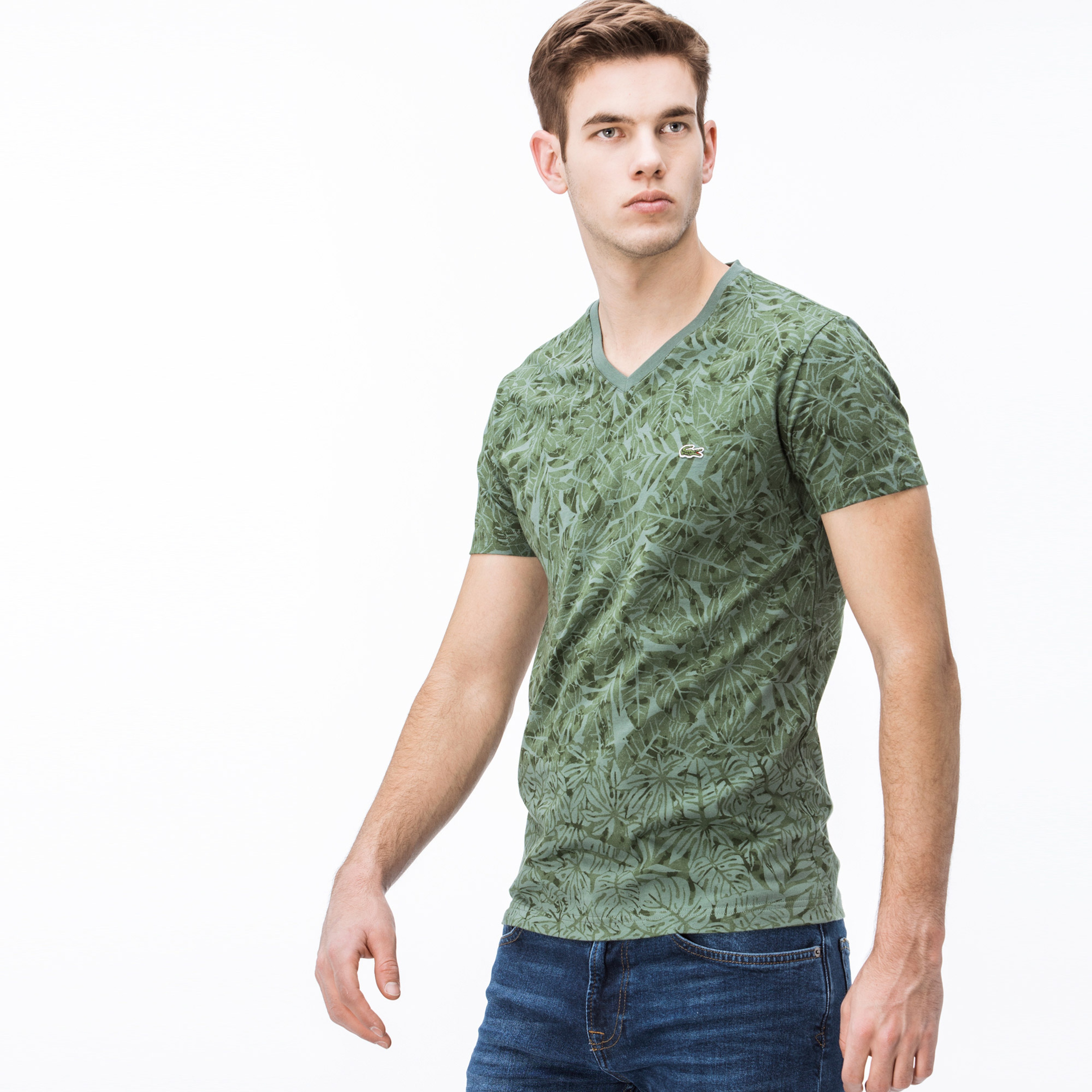 Lacoste Erkek V Yaka Desenli Yeşil T-Shirt